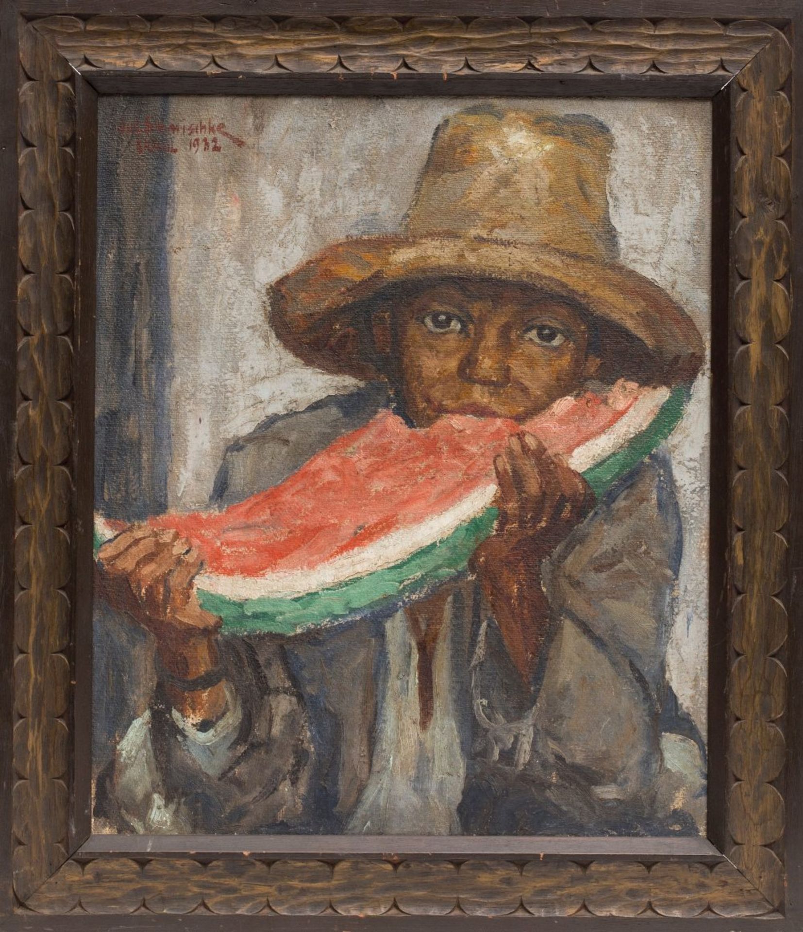 Julius Schmischke (1890-1945)Child with watermelon, Brazil 1932.; Oil on canvas. Signed, situated,