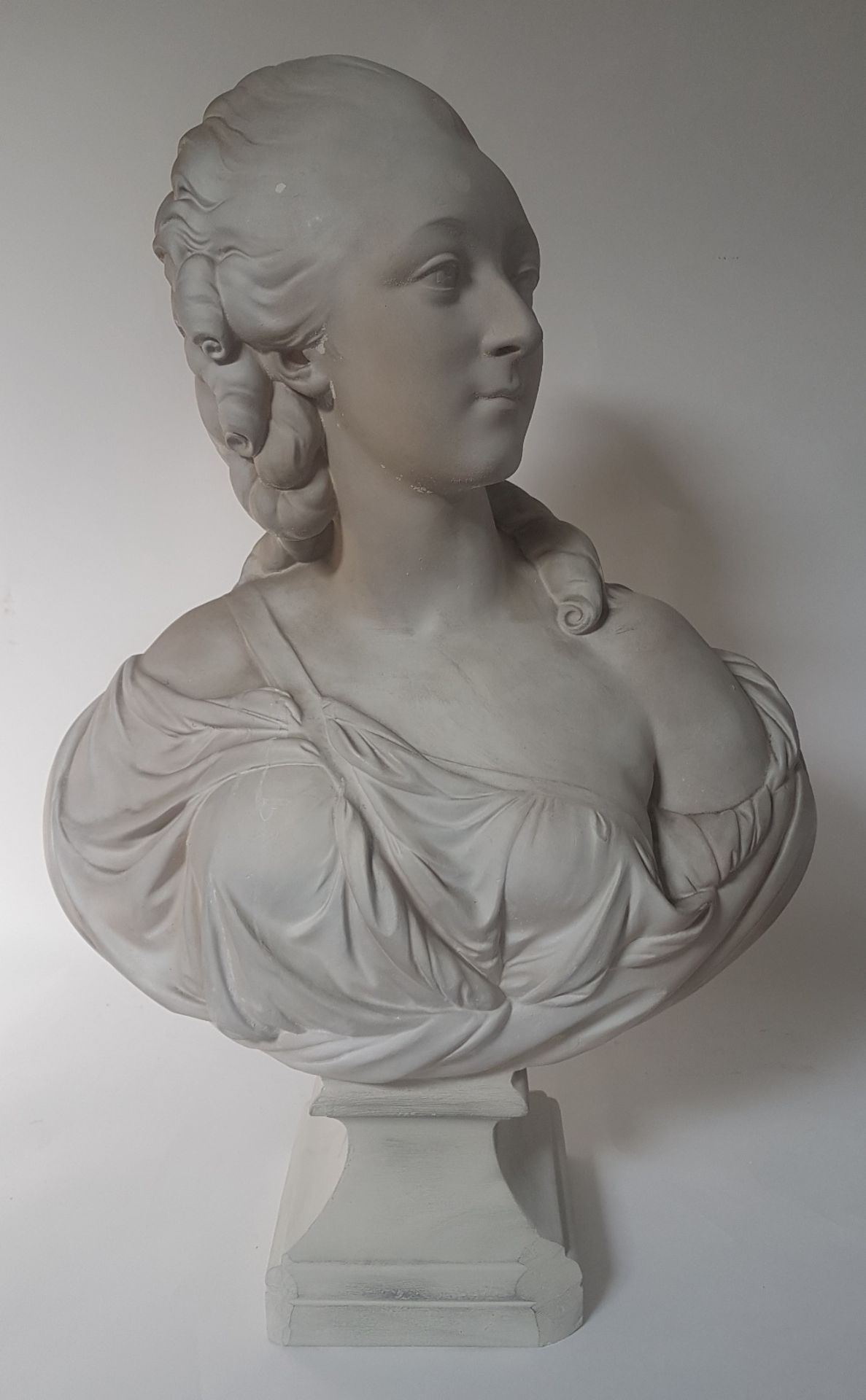 Augustin Pajou (1730-1809). After.Bust of Madame du Barry ; Plaster sculpture. Bears an