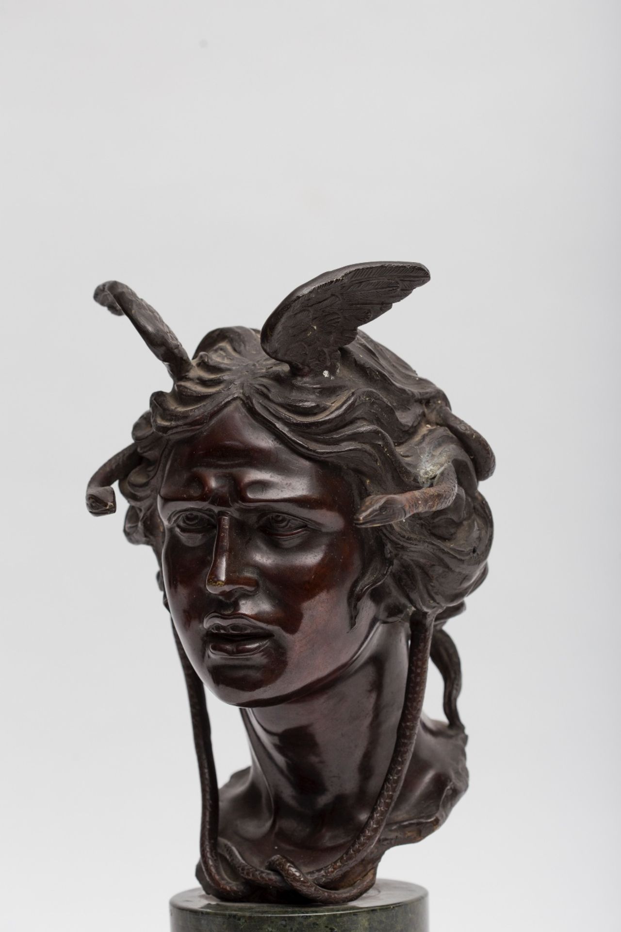 19th century workGorgon; Bronze sculpture with dark brown patina. Sea green marble stand. 43 x 20 - Image 3 of 5