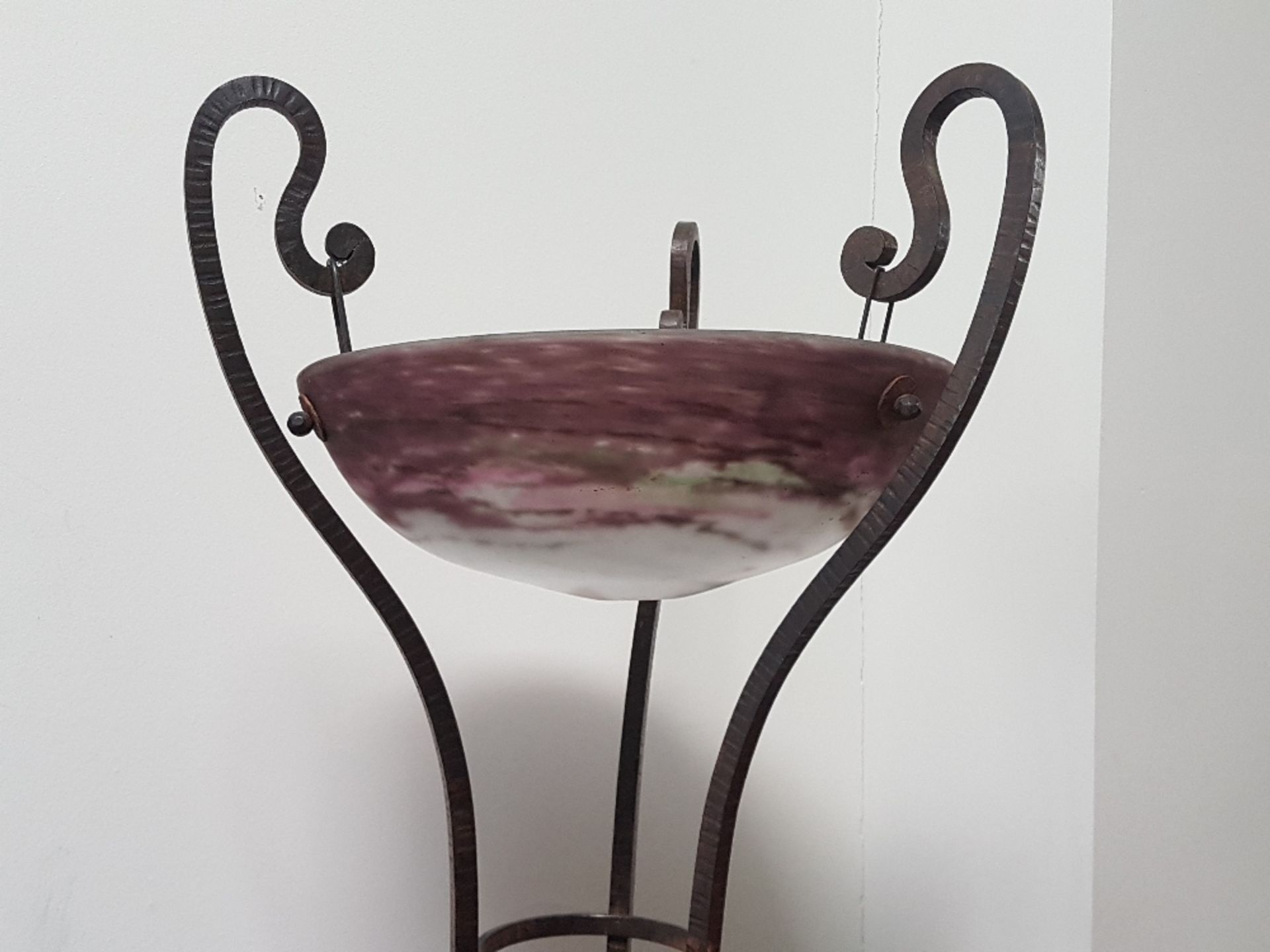 Muller Brothers; LunévilleBowl lamp; White, pink and violet marble glass, displayed on a scrolled - Image 2 of 2