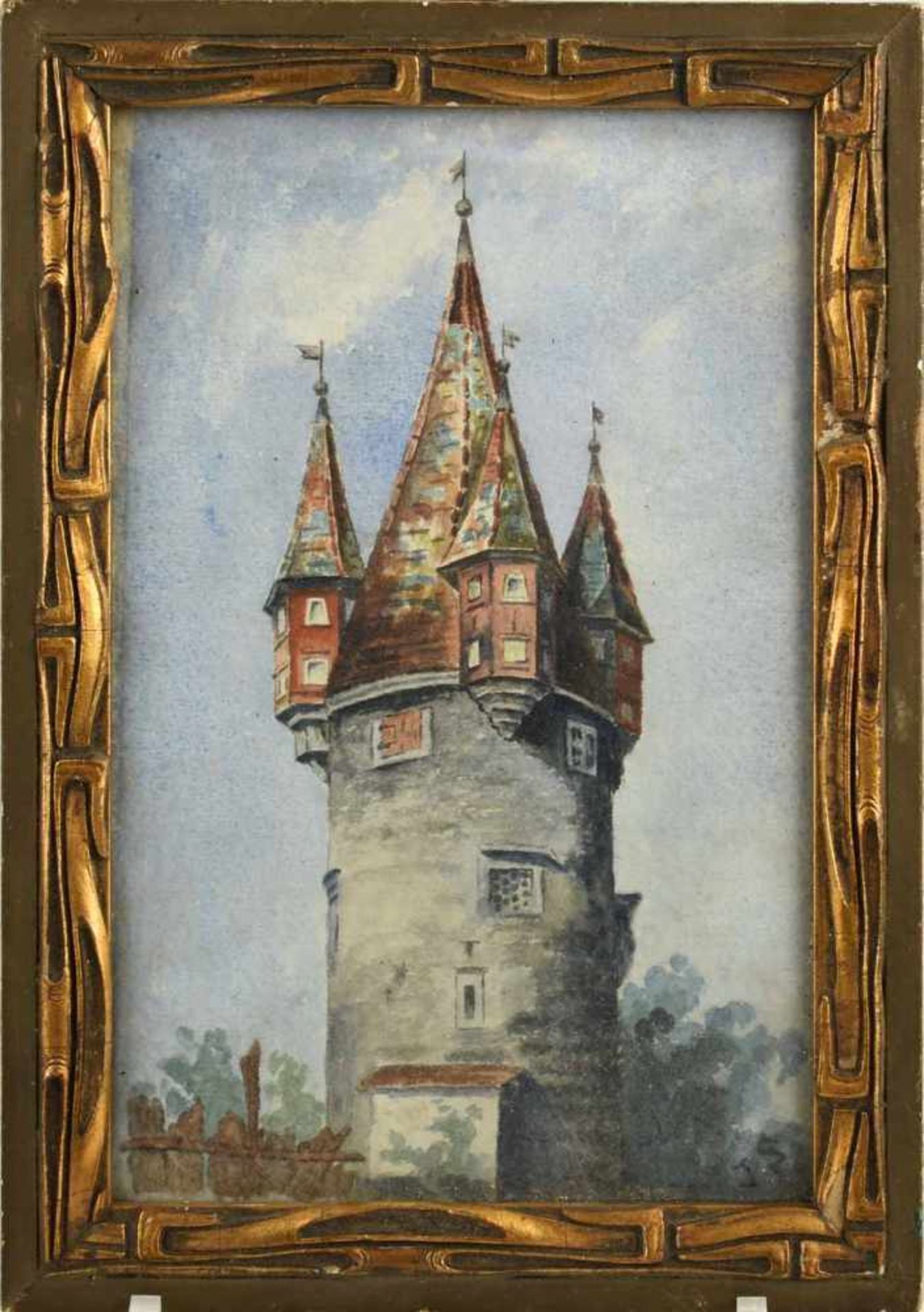 Monogrammiert Aquarell auf Papier, Rundturm mit Eckerker, rechts unten monogrammiert "J.S.", - Bild 3 aus 3