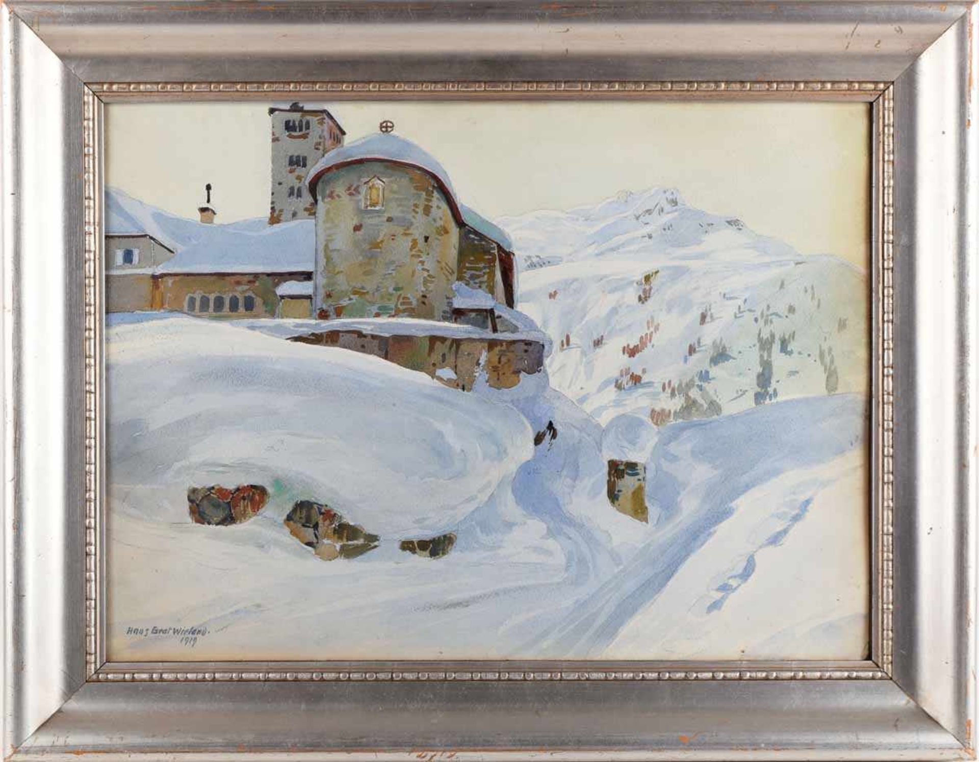 Wieland, Hans Brat (1867 Gallusberg - 1945 Kriens) Aquarell, alpine Winterlandschaft mit Gebäude, - Bild 3 aus 4