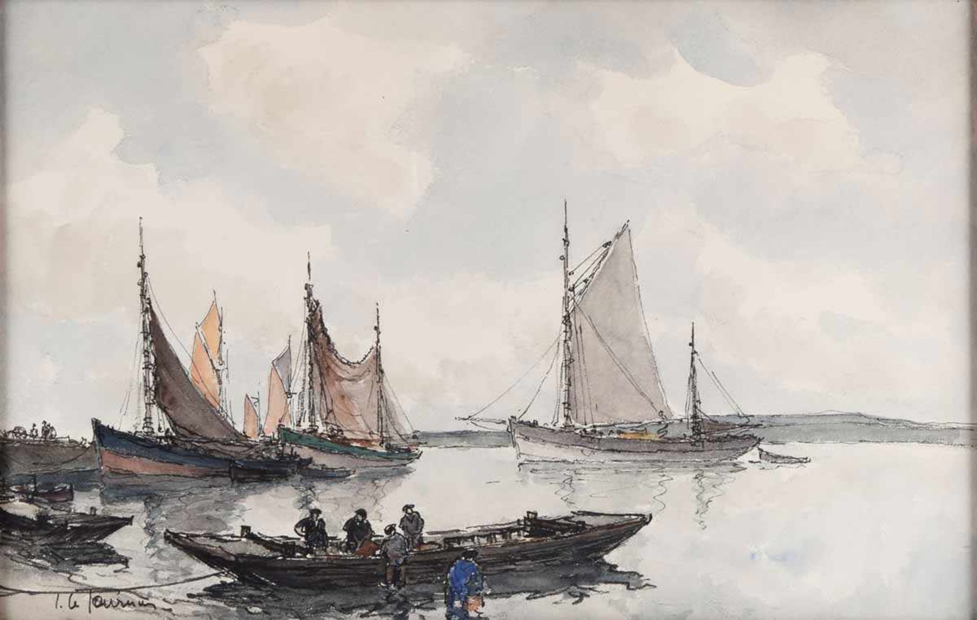 Le Tournier, Joseph Marie (1892 - 1972) Aquarell, Fischer am Kahn vor Fischerbooten, links unten - Bild 2 aus 4