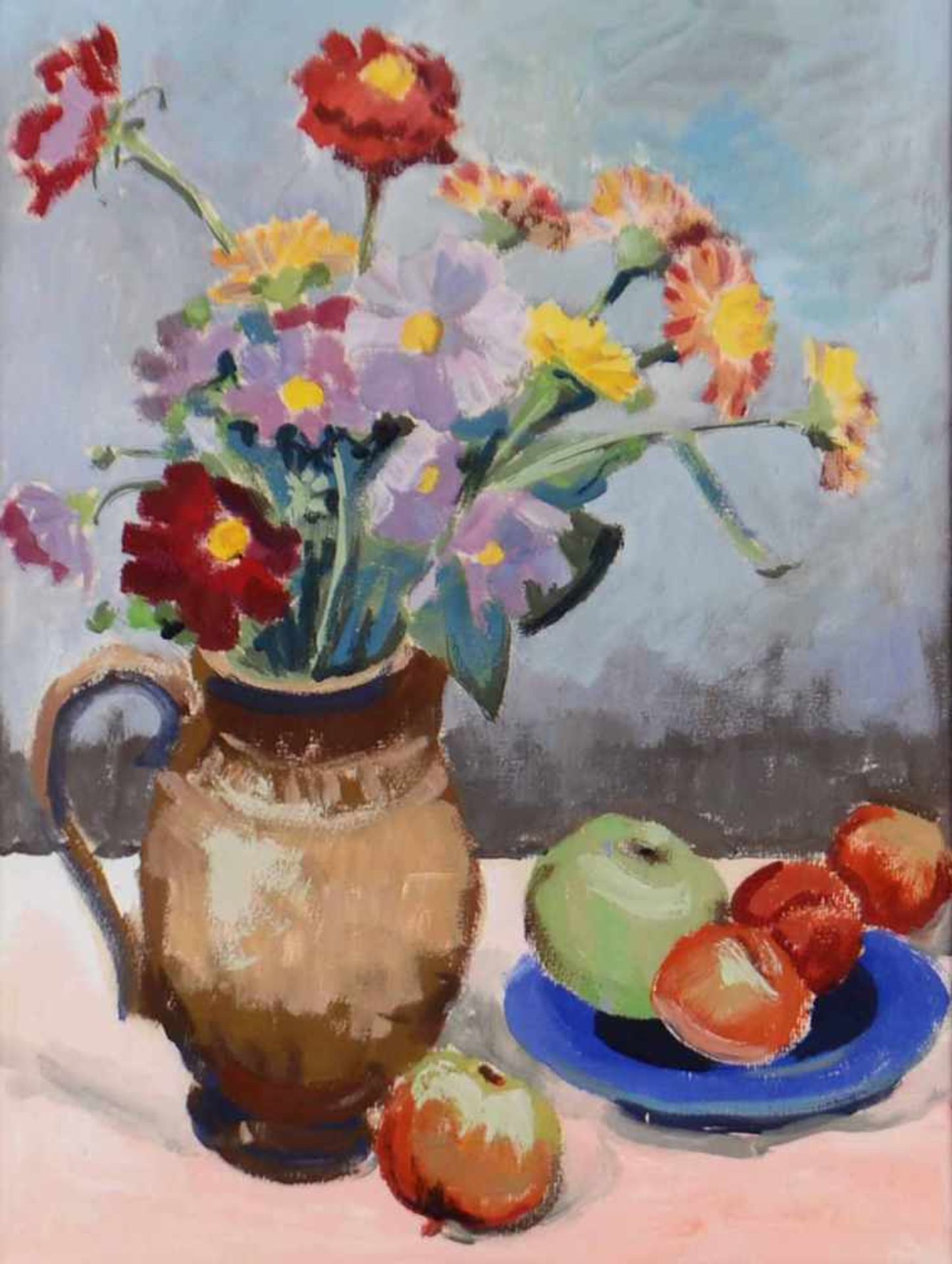 Taut, Johannes (1921 Radebeul - 1987 ebd.) Gouache und Tempera, Stillleben mit Äpfeln und Blumen, im - Bild 2 aus 3