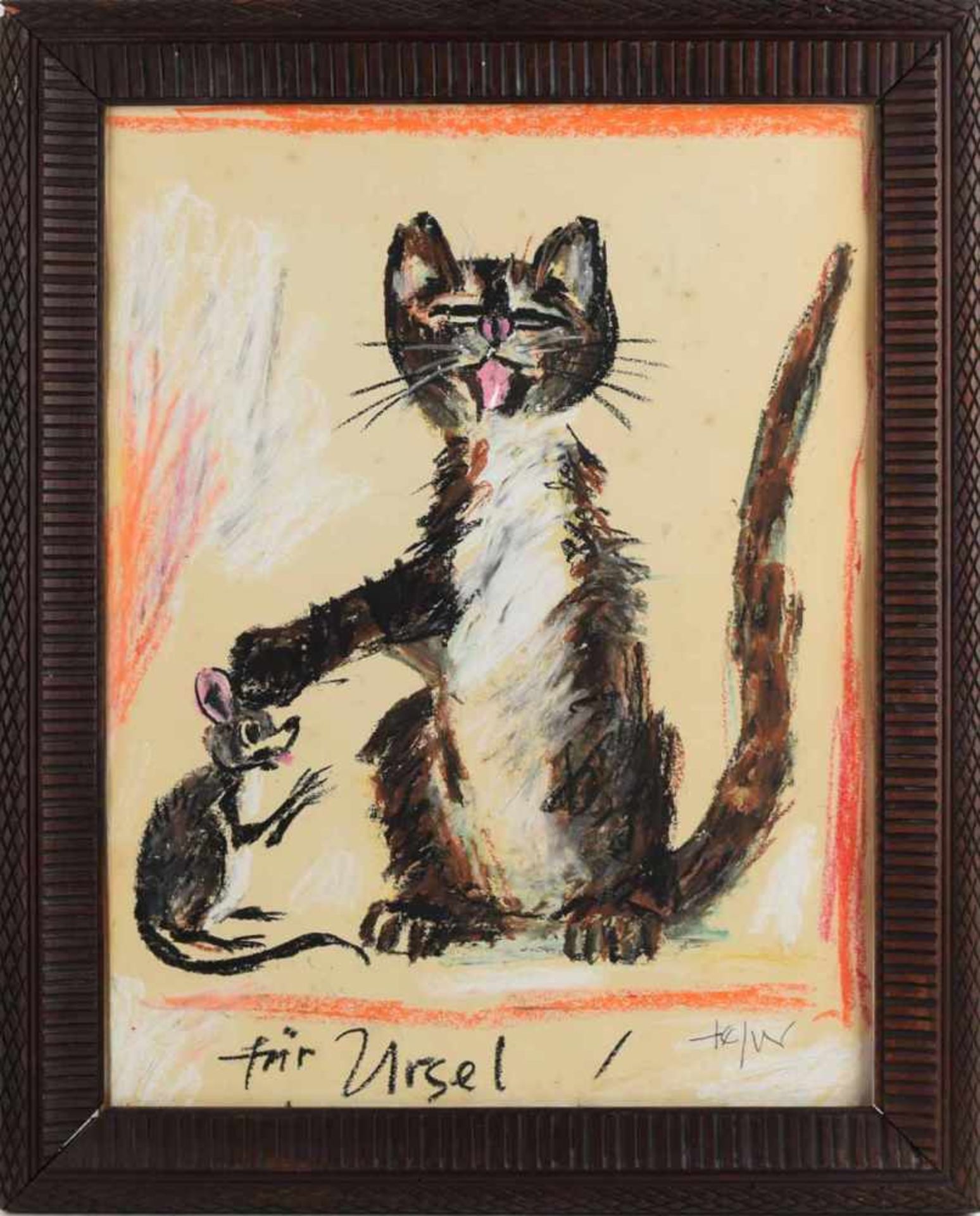 Tetzner, Heinz (1920 Gersdorf - 2007 ebd.) Pastell/Papier, "Katze und Maus", unten rechts signiert - Bild 3 aus 4