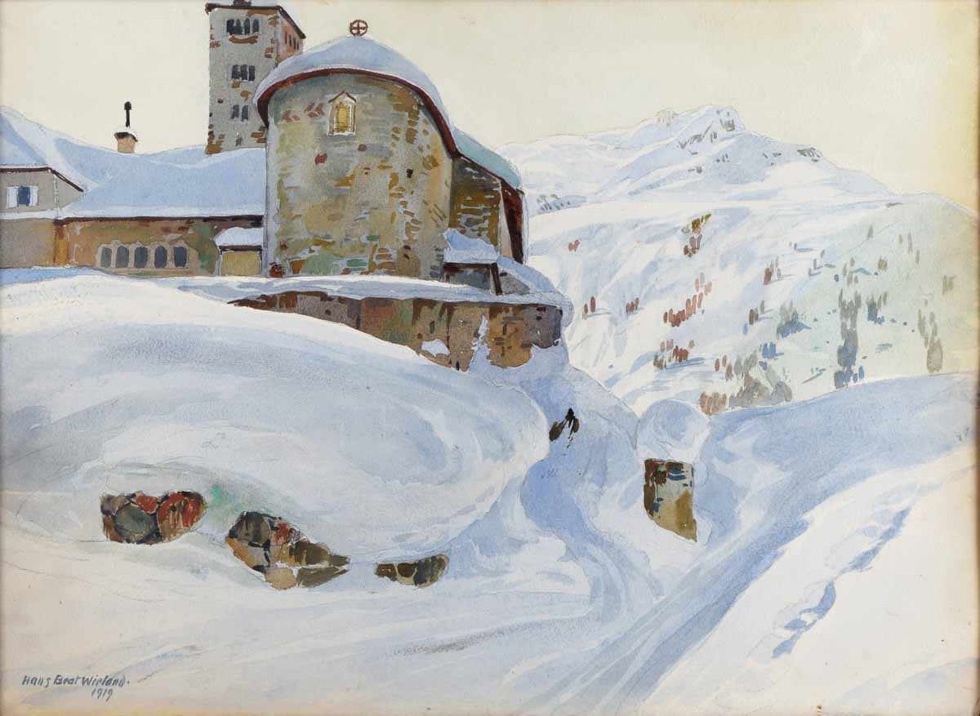 Wieland, Hans Brat (1867 Gallusberg - 1945 Kriens) Aquarell, alpine Winterlandschaft mit Gebäude,
