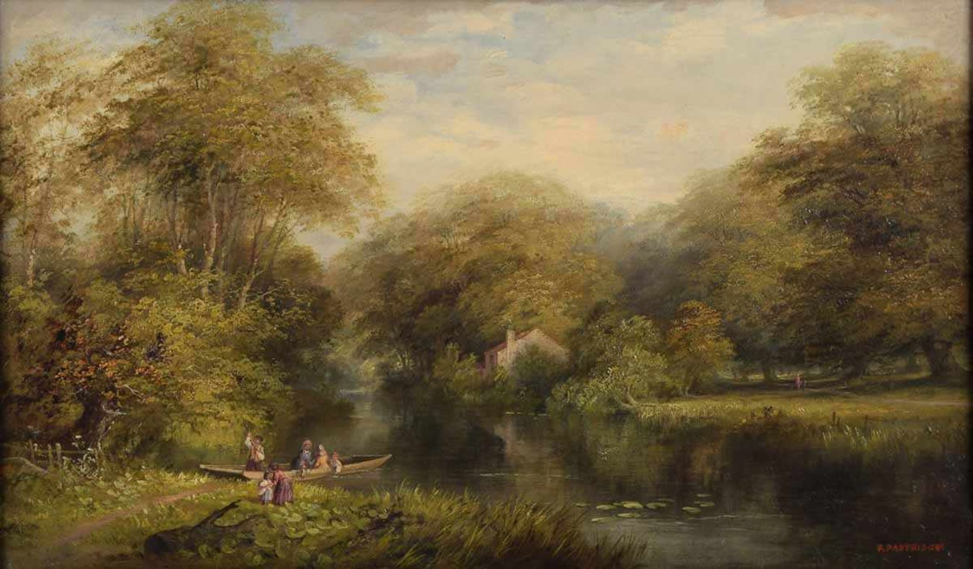 Partridge (wohl Edward, ? - 1896) Öl/Lwd., Sommervergnügen am Fluss, Familie mit Kahn am Ufer, links - Bild 2 aus 4