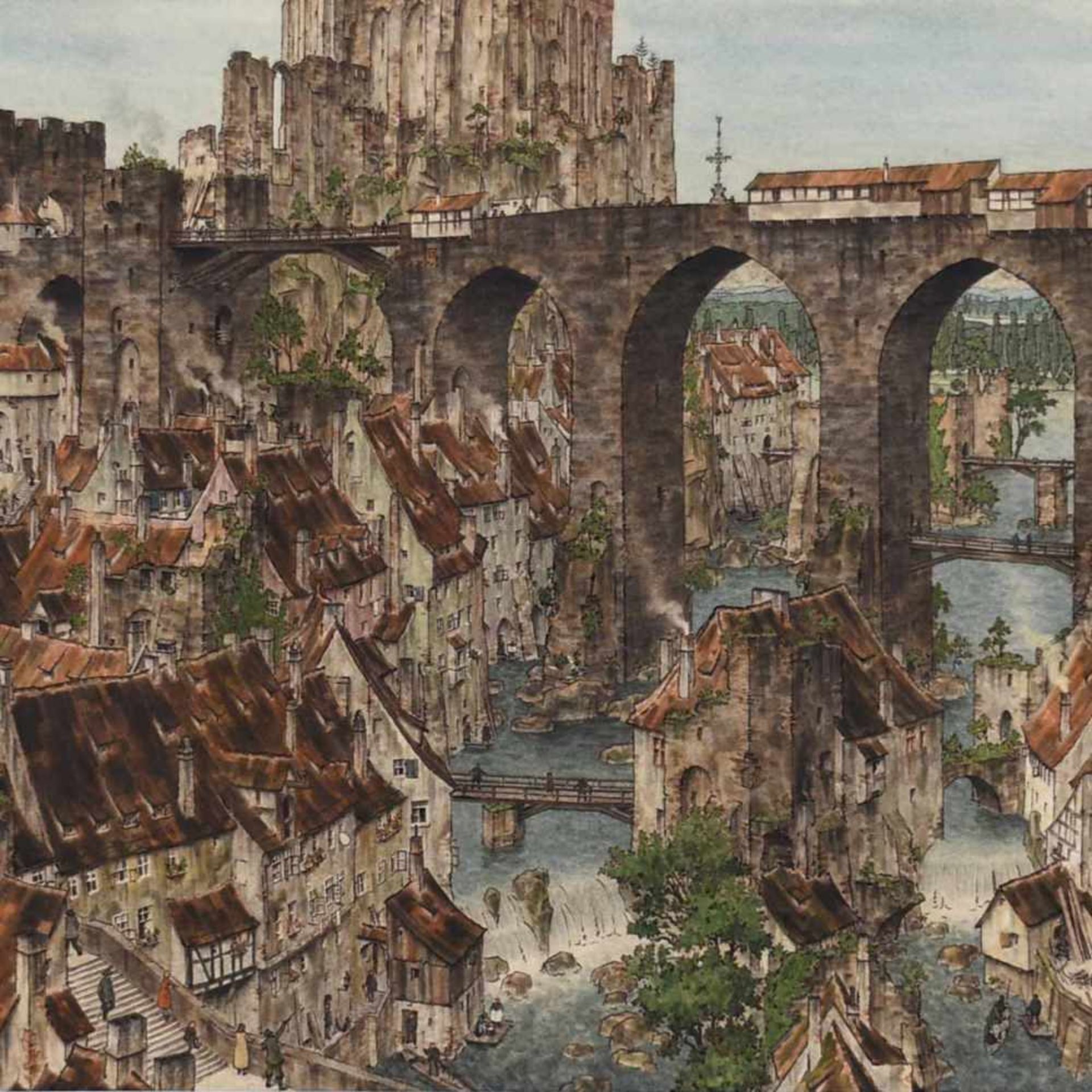 Wolf, Bernhard Mischtechnik, imaginäre Landschaft mit Brückenkreuz, in raffinierter Perspektive