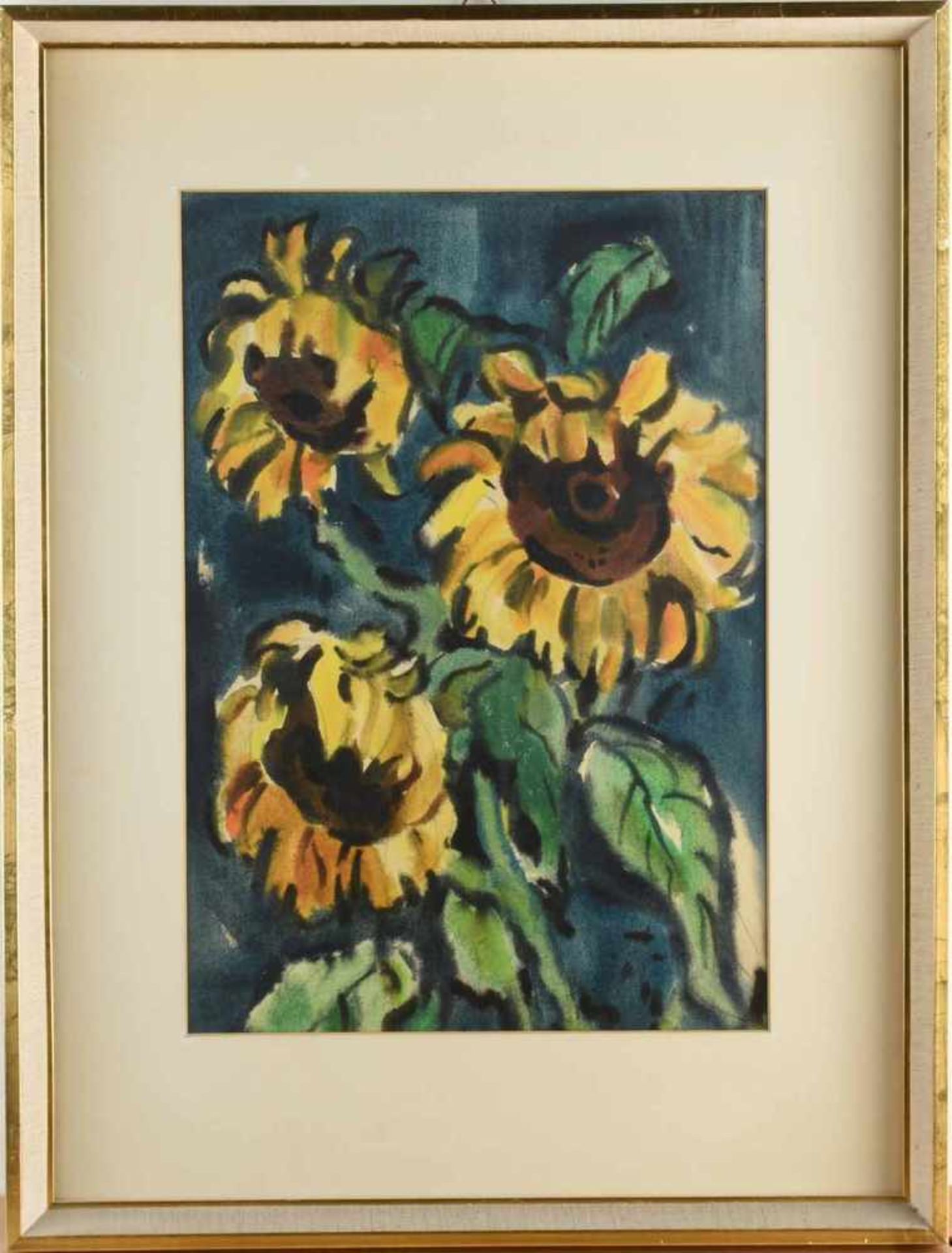Unsigniert Aquarell, Sonnenblumen vor Blumen, im Passepartout hinter Glas in originaler Rahmung ( - Bild 3 aus 3