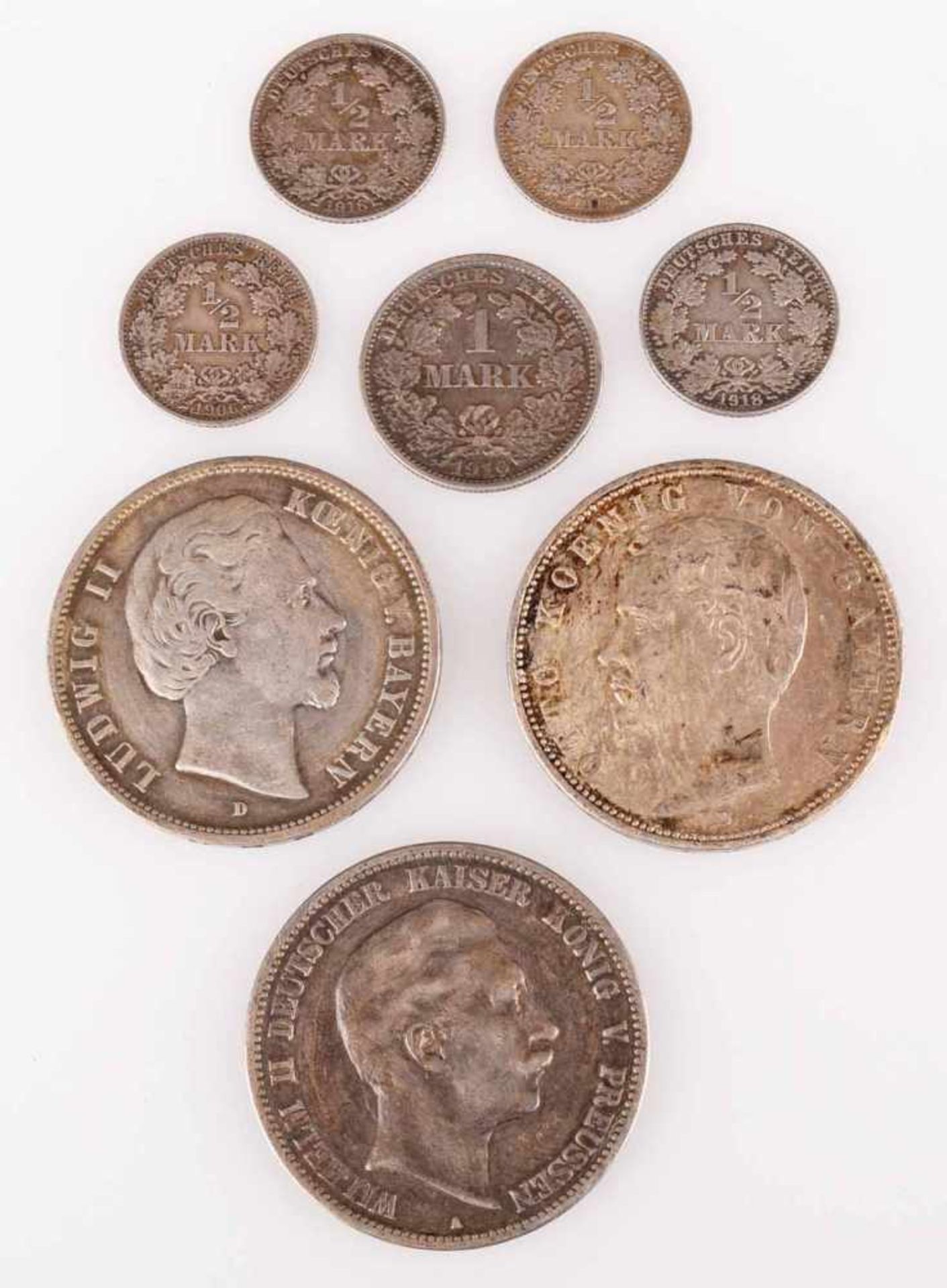 Konvolut Silbermünzen Kaiserzeit insg. 8 versch. Ausgaben, 1 x 5 Mark Preußen, av. Wilhelm II. König - Bild 2 aus 3