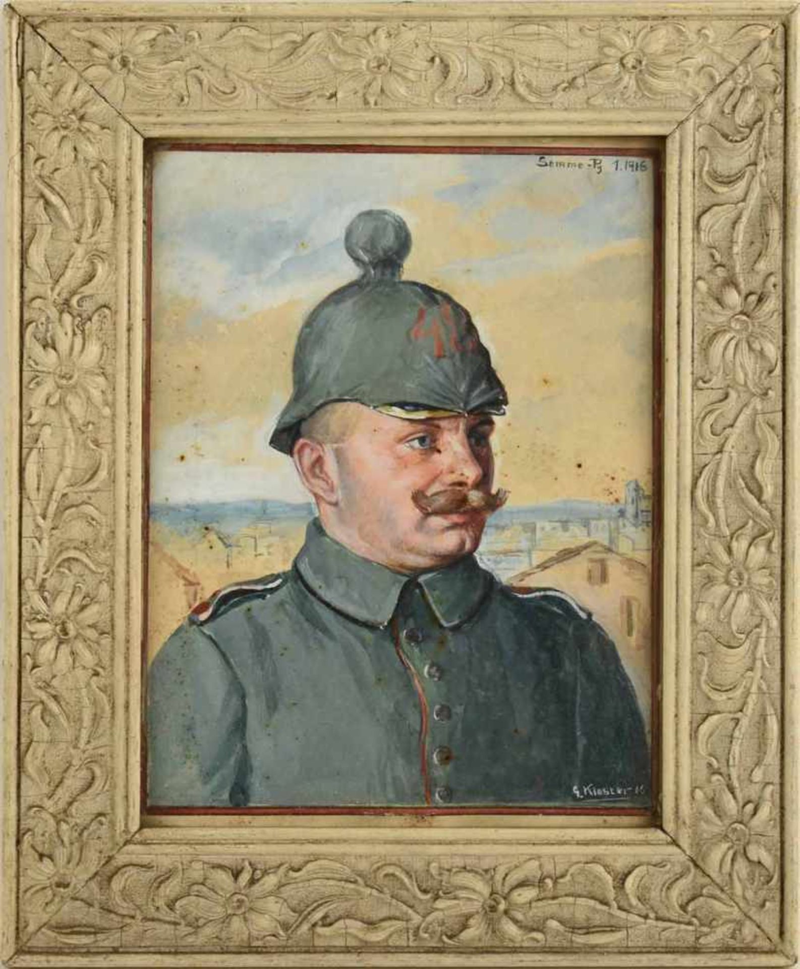 Soldatenbild Aquarell und Gouache über Blei, Bruststück eines Soldaten aus dem Ersten Weltkrieg in - Bild 3 aus 4