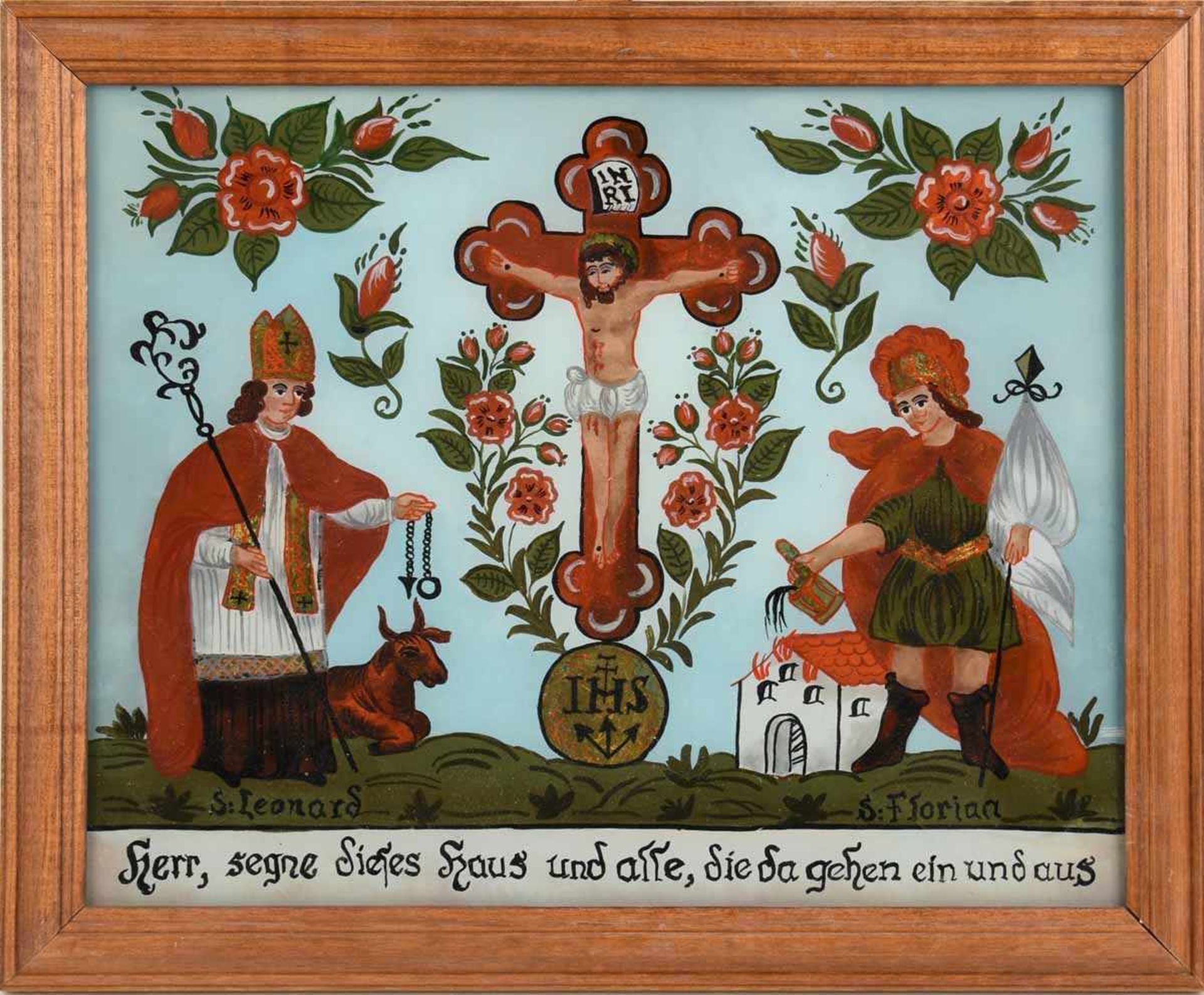 Hinterglasmalerei farbige Darstellung des gekreuzigten Jesus, seitlich St. Florian und St. - Bild 3 aus 3