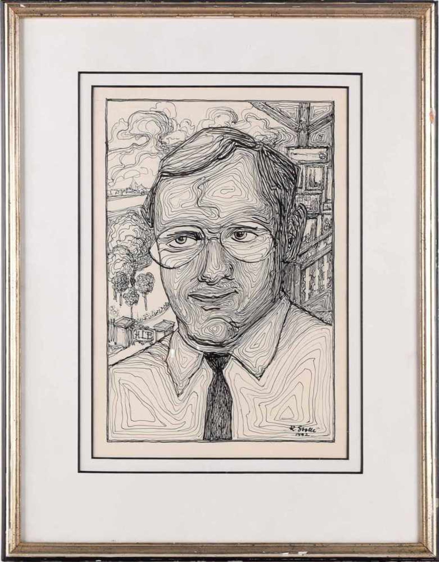 Stolle, Rudi (1919 Meißen - 1996 ebd.) Federzeichnung über Blei, Porträt eines Porzellansammlers, - Bild 3 aus 4