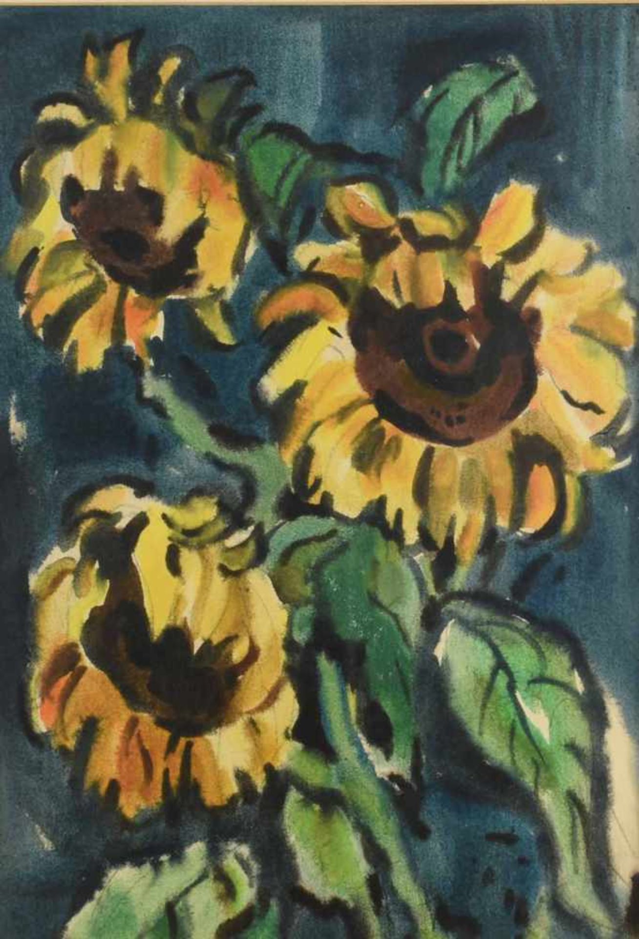 Unsigniert Aquarell, Sonnenblumen vor Blumen, im Passepartout hinter Glas in originaler Rahmung ( - Bild 2 aus 3