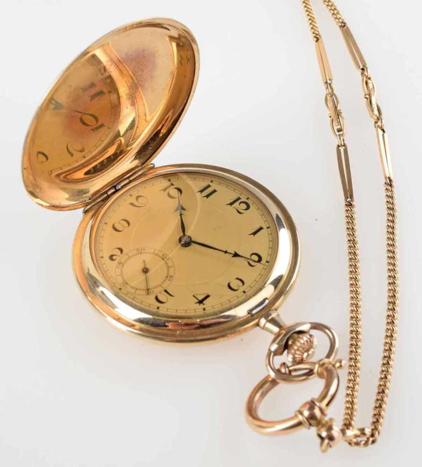 Sprungdeckeltaschenuhr vergoldet, mit goldfarbenem Zifferblatt, gebläute Stahlzeiger, Stunde, Minute - Bild 2 aus 3