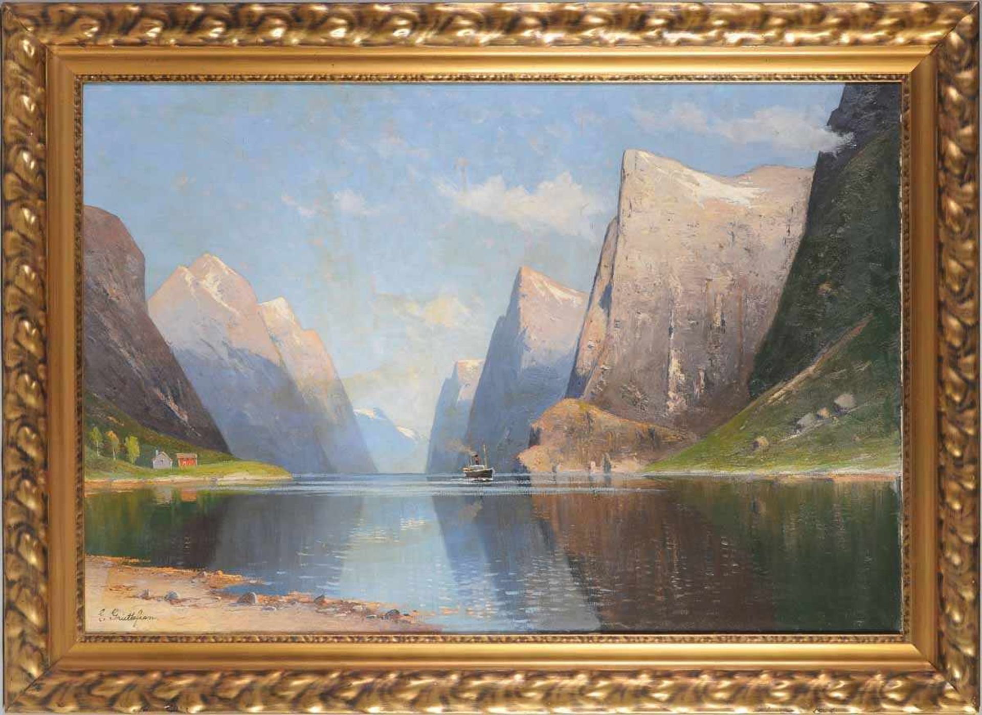 Grüttefien-Kiekenbusch, Elisabeth (1871 - ?) Öl/Lwd., norwegische Fjordlandschaft, links unten - Bild 3 aus 5