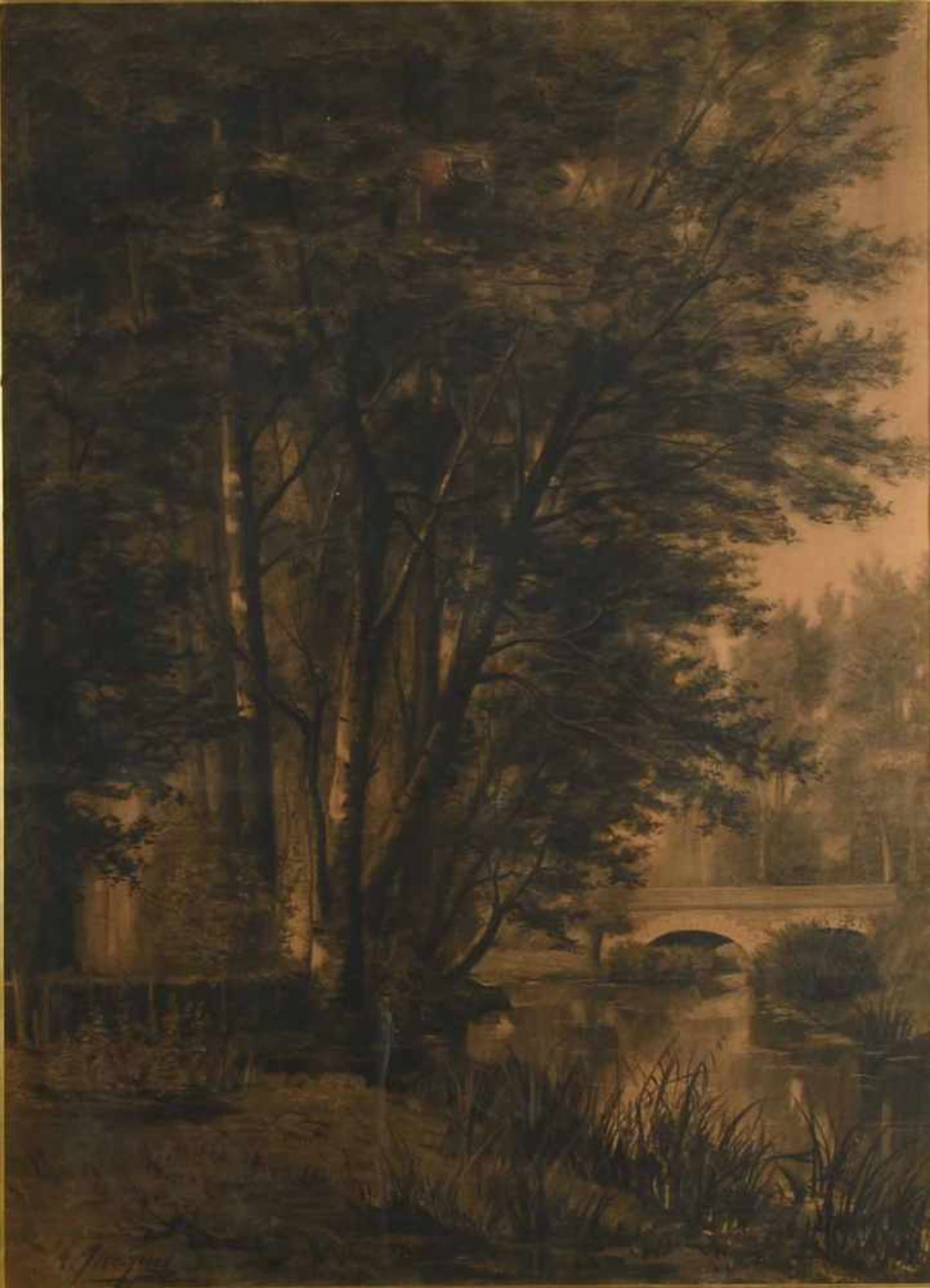 Jacquet, A. Bleistiftzeichnung, Flusslandschaft mit Brücke, links unten signiert, verso mit altem - Bild 2 aus 4