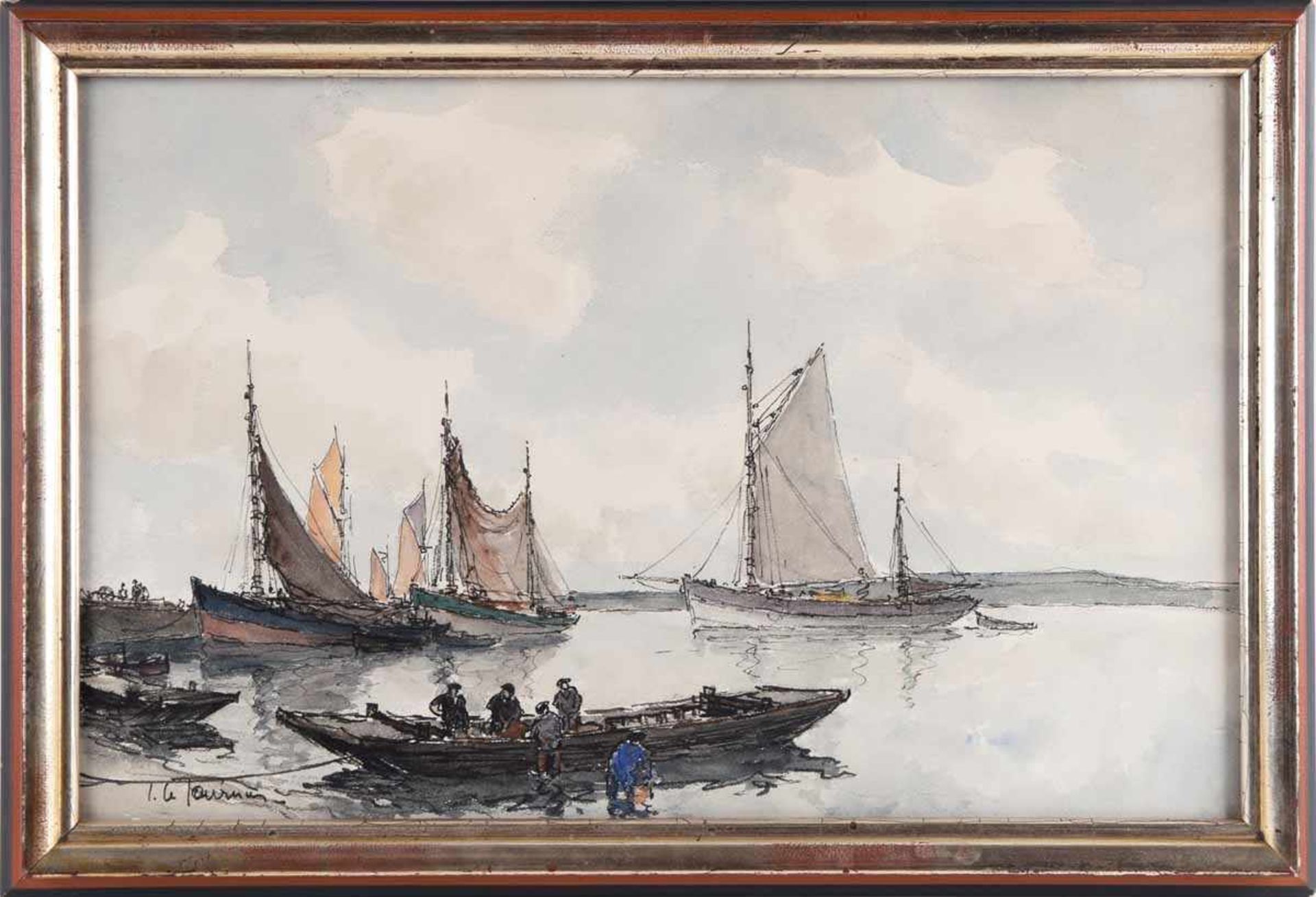 Le Tournier, Joseph Marie (1892 - 1972) Aquarell, Fischer am Kahn vor Fischerbooten, links unten - Bild 3 aus 4