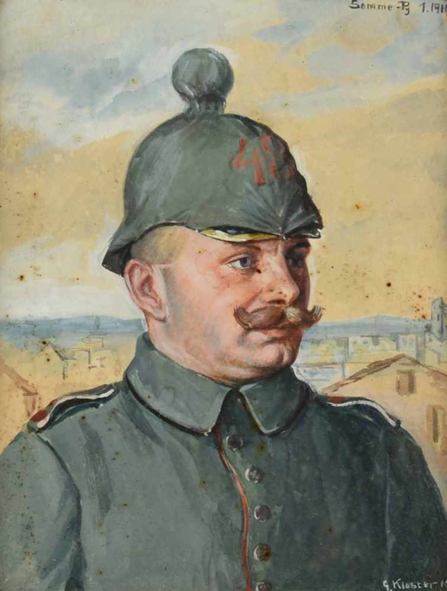 Soldatenbild Aquarell und Gouache über Blei, Bruststück eines Soldaten aus dem Ersten Weltkrieg in - Bild 2 aus 4
