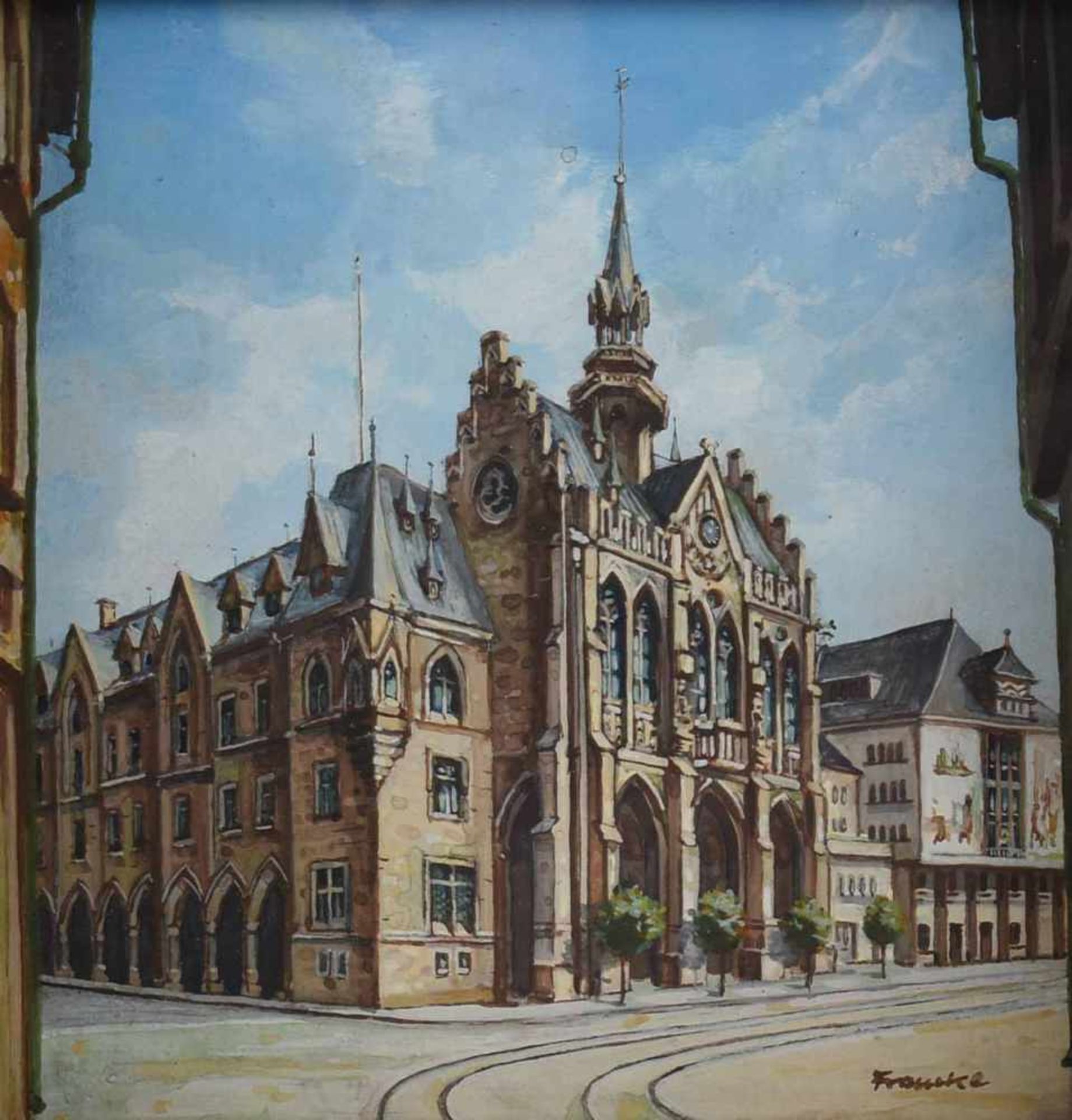 Francke, R. Tempera/Papier, auf Holz aufgebracht, Ansicht des Erfurter Rathauses am Fischmarkt, - Bild 2 aus 4