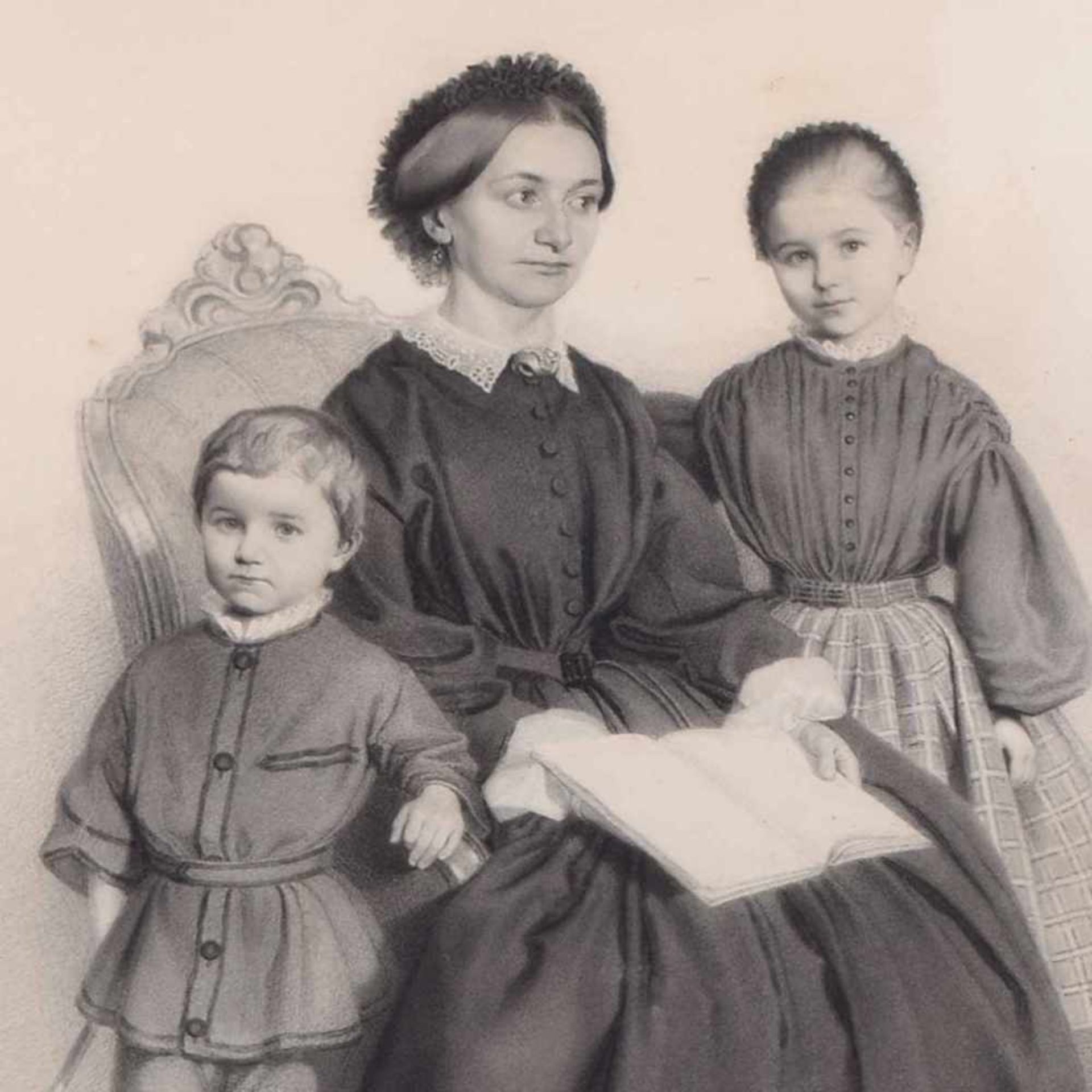 Seydlitz, F. v. Bleistiftzeichnung, Familiendarstellung mit Mutter, Tochter und Sohn, links unten