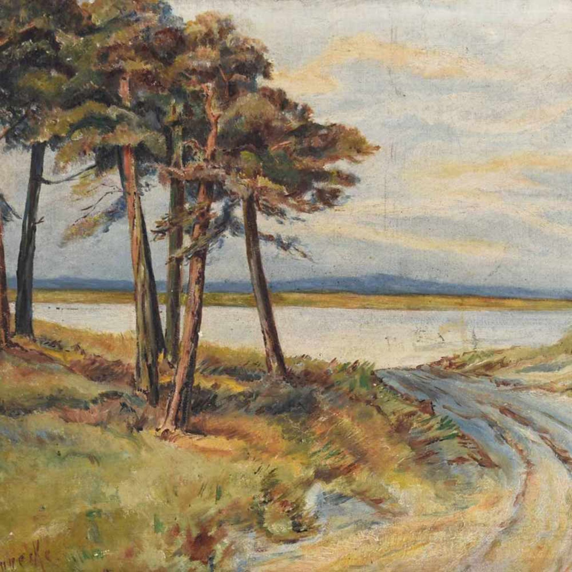 Hennecke, H. Öl/Karton, Seelandschaft mit Bäumen, links unten signiert, gerahmt, ca. 27 x 40 cm, mit