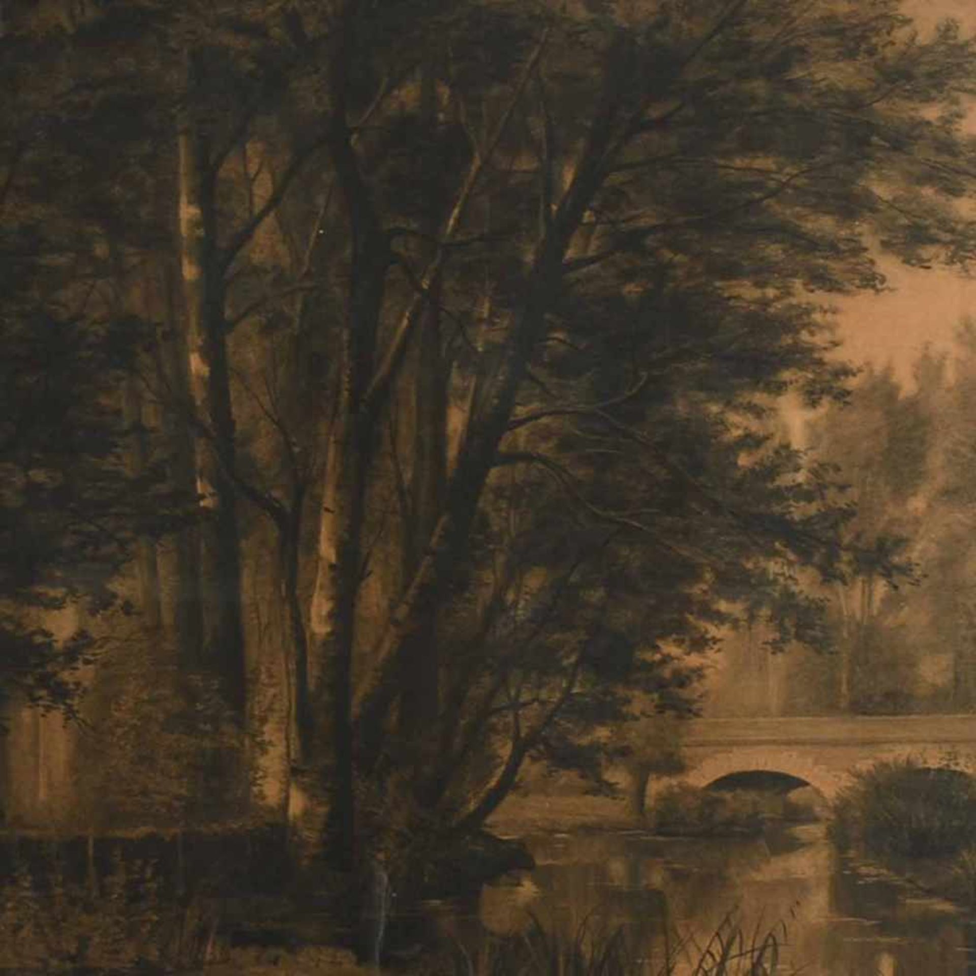Jacquet, A. Bleistiftzeichnung, Flusslandschaft mit Brücke, links unten signiert, verso mit altem
