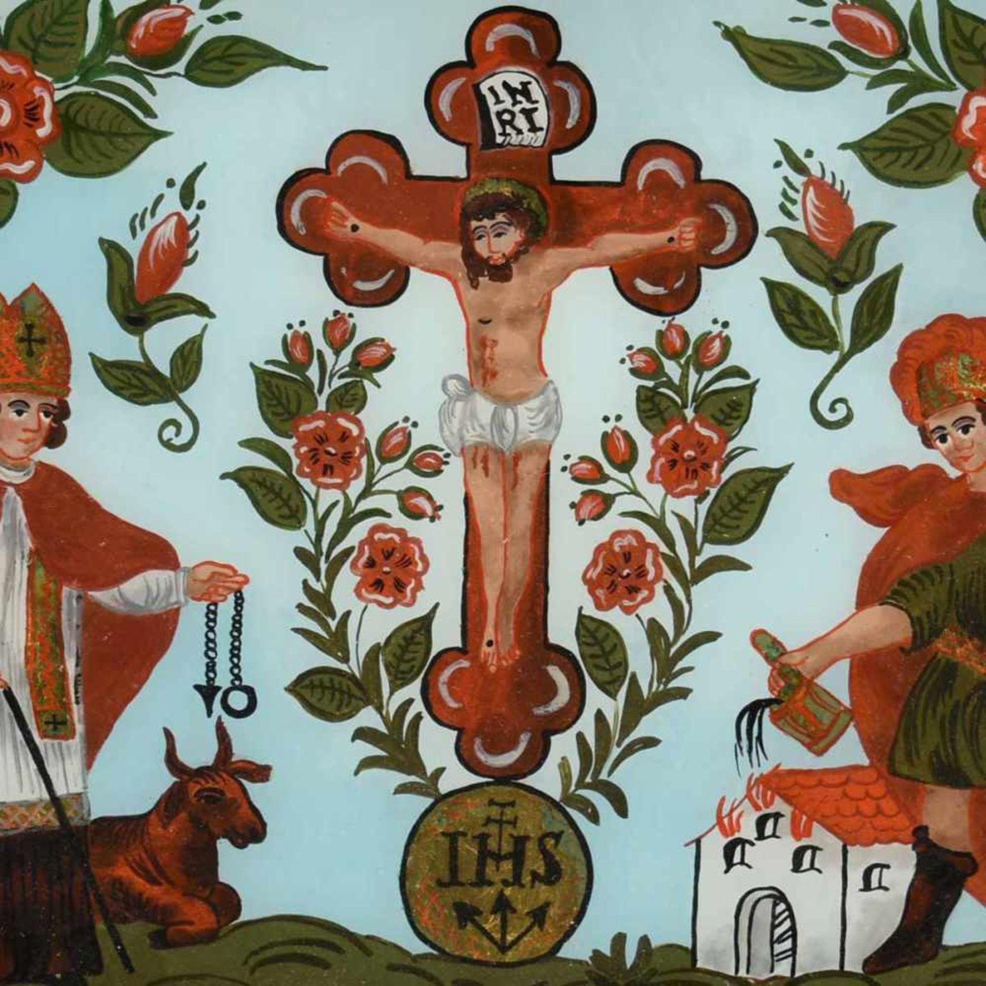 Hinterglasmalerei farbige Darstellung des gekreuzigten Jesus, seitlich St. Florian und St.