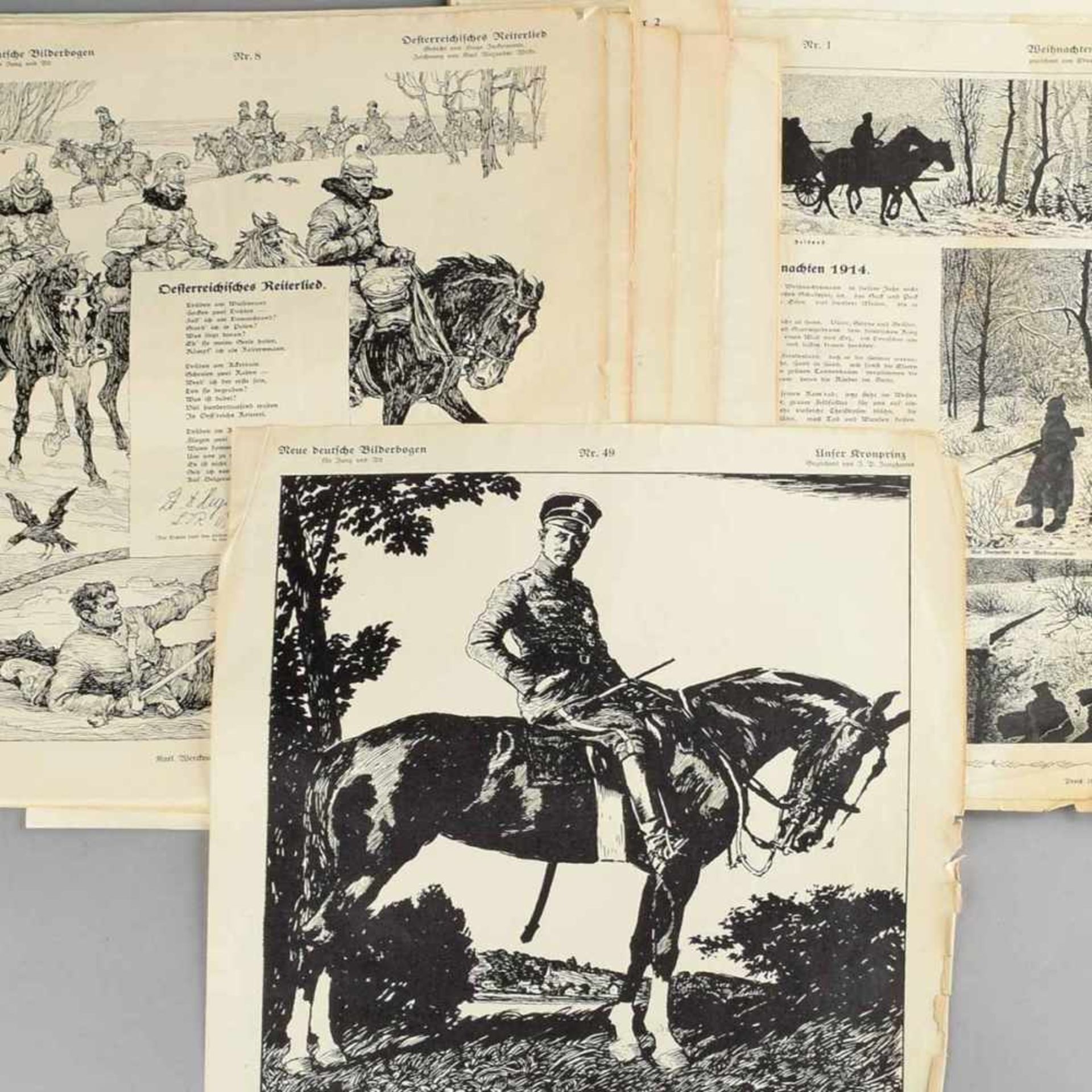 Kriegsflugblätter Erster Weltkrieg insg. ca. 33 Blätter aus der Reihe "Neue deutsche Bilderbögen für