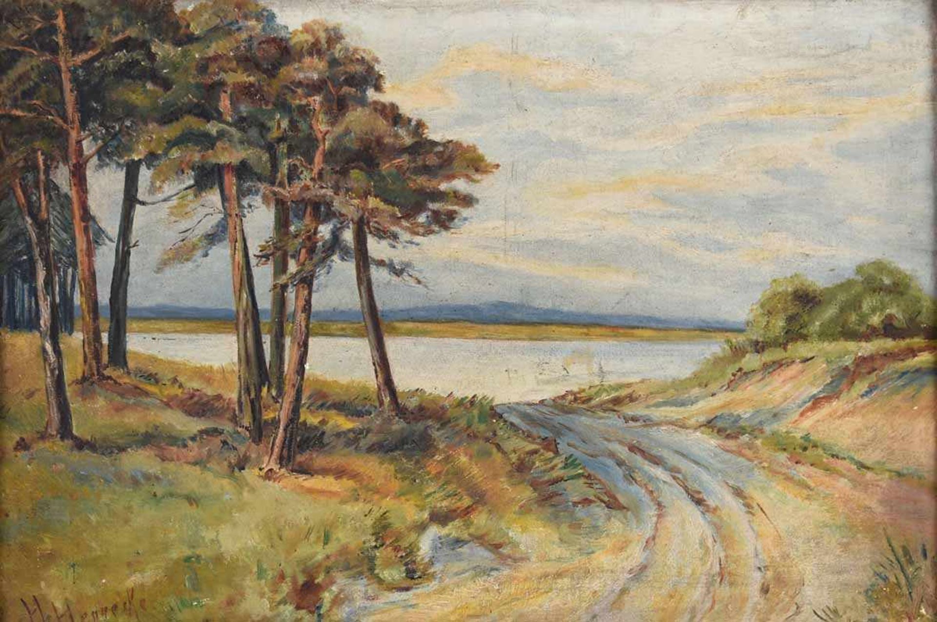 Hennecke, H. Öl/Karton, Seelandschaft mit Bäumen, links unten signiert, gerahmt, ca. 27 x 40 cm, mit - Bild 2 aus 4