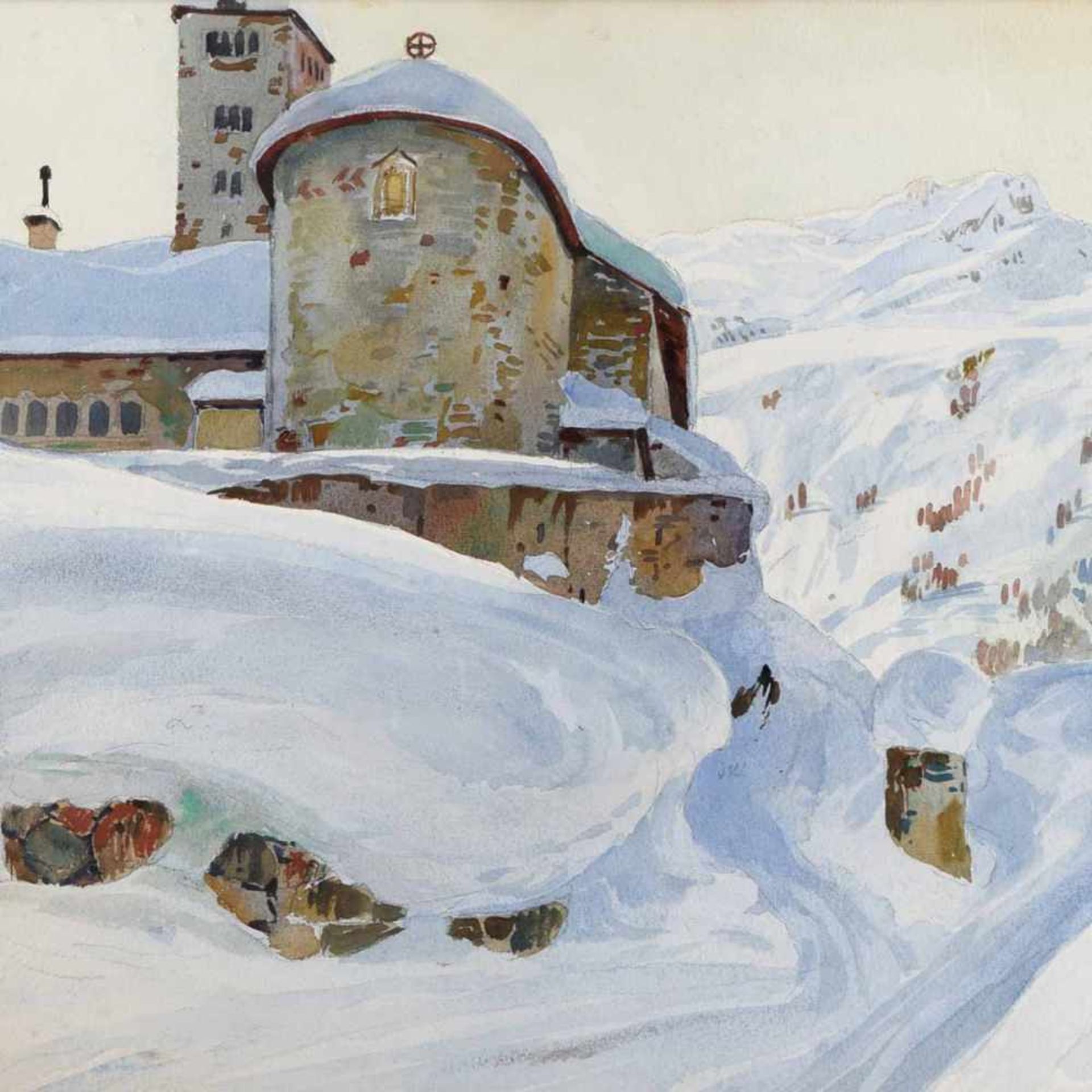 Wieland, Hans Brat (1867 Gallusberg - 1945 Kriens) Aquarell, alpine Winterlandschaft mit Gebäude, - Bild 2 aus 4