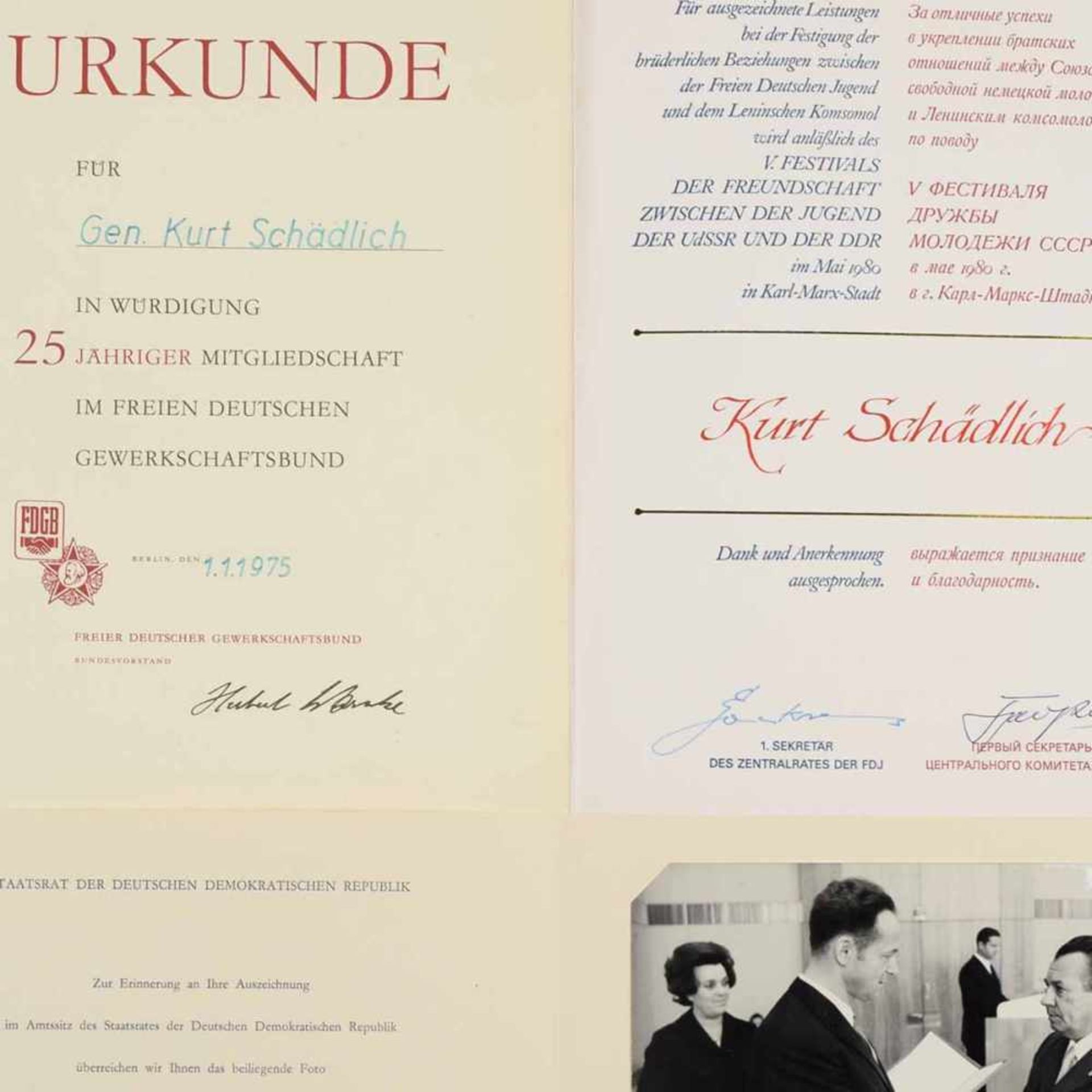 Urkunden, Foto und Zeitungsausschnitt DDR aus dem Nachlass des 1. Sekretärs der SED-Kreisleitung