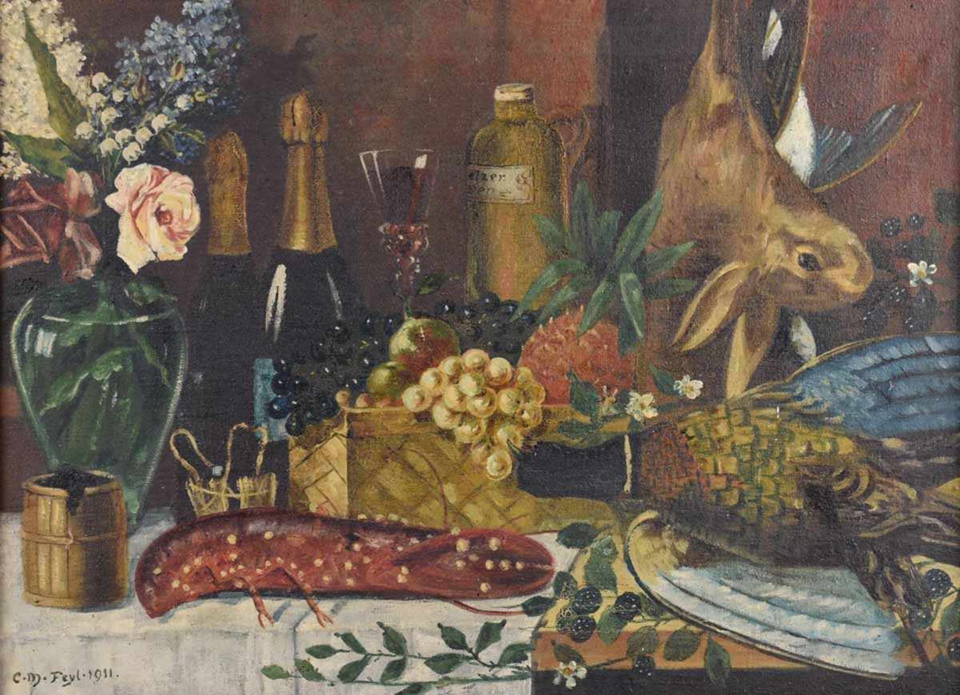 Feyl, C. M. Öl/Lwd., Stillleben, opulent gedeckter Tisch, links unten signiert und datiert 1911, - Bild 2 aus 4