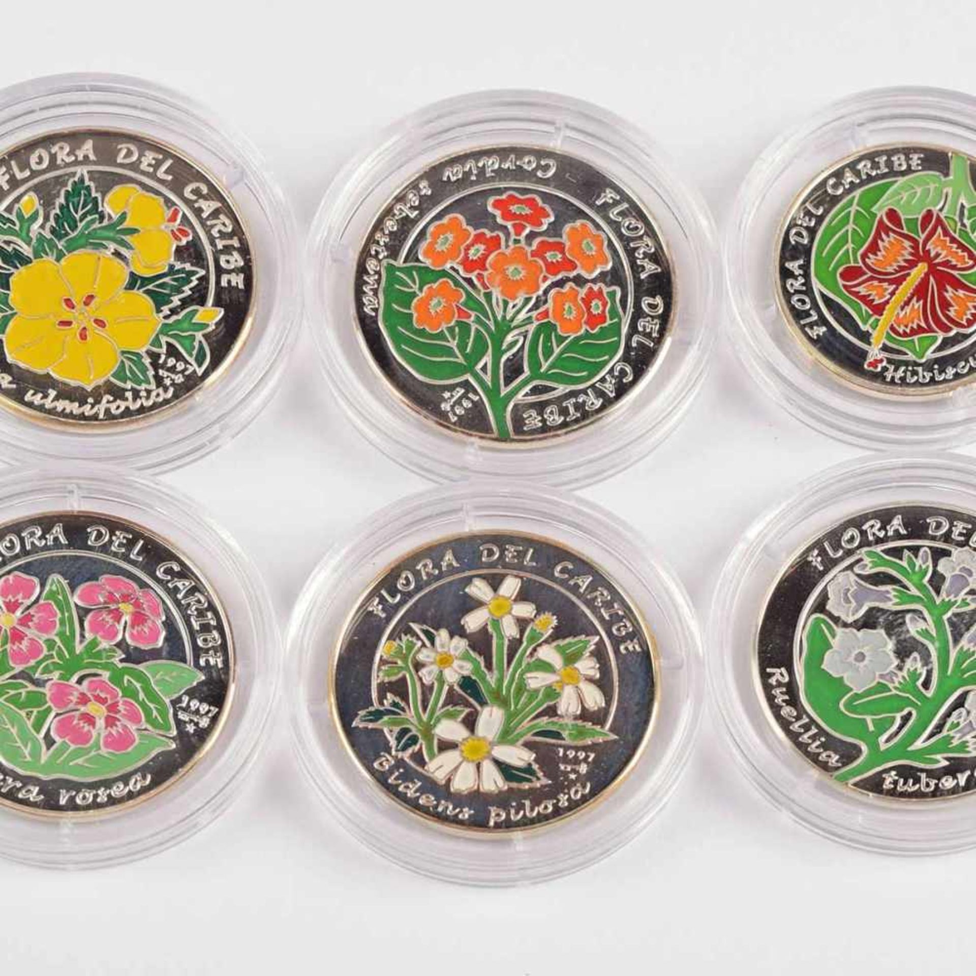 Konvolut Feinsilbermünzen Kuba insg. 7 verschiedene Feinsilber-Farbmünzen, aus der Serie "Flora