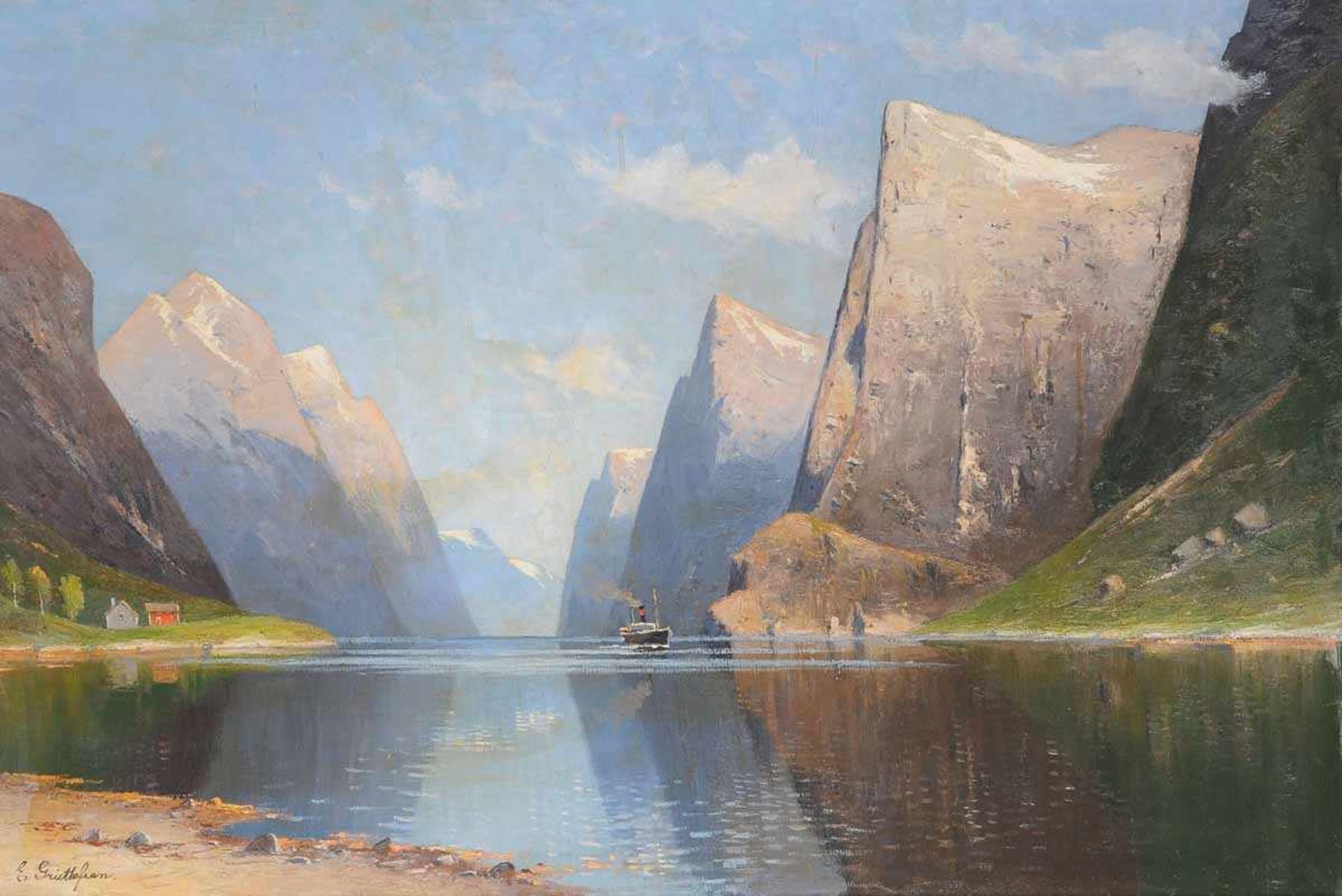 Grüttefien-Kiekenbusch, Elisabeth (1871 - ?) Öl/Lwd., norwegische Fjordlandschaft, links unten - Bild 2 aus 5