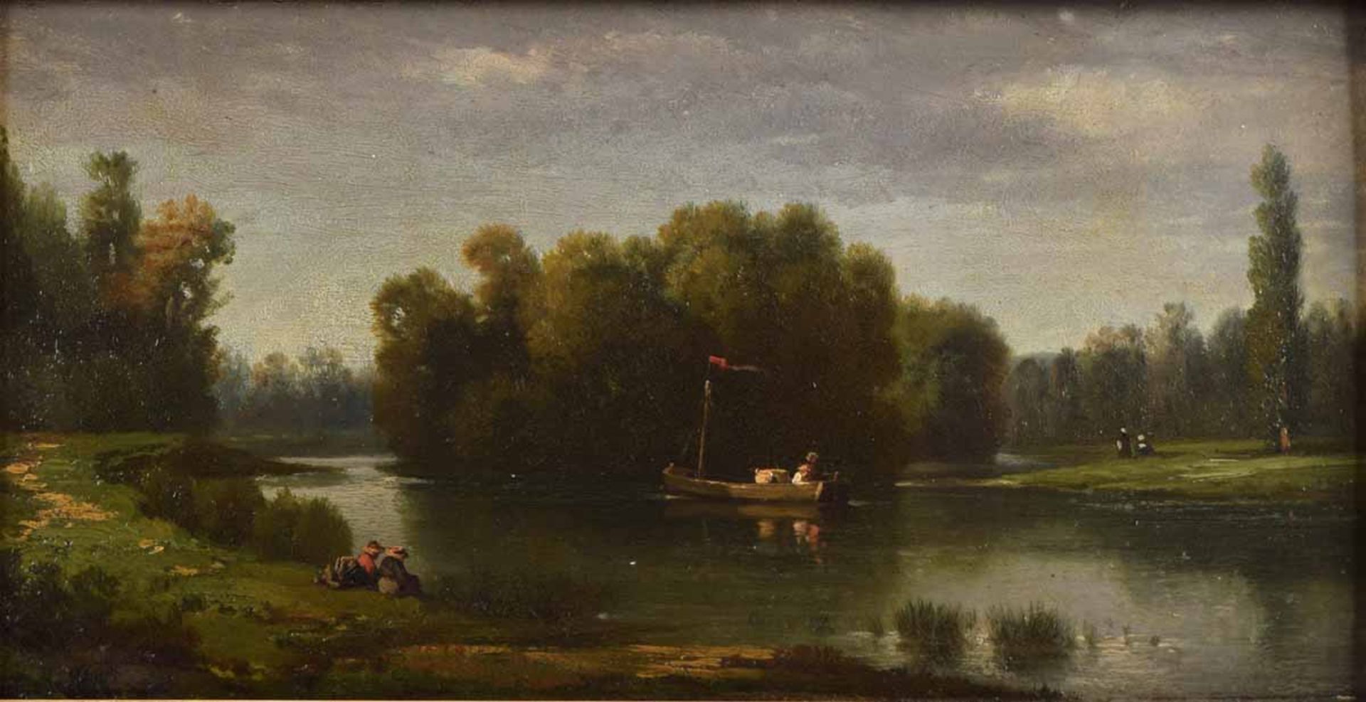 Maous, M. Öl/Holz, Flusslandschaft mit Personenstaffage, sommerliches Landschaftsbild mit Boot und - Bild 2 aus 4