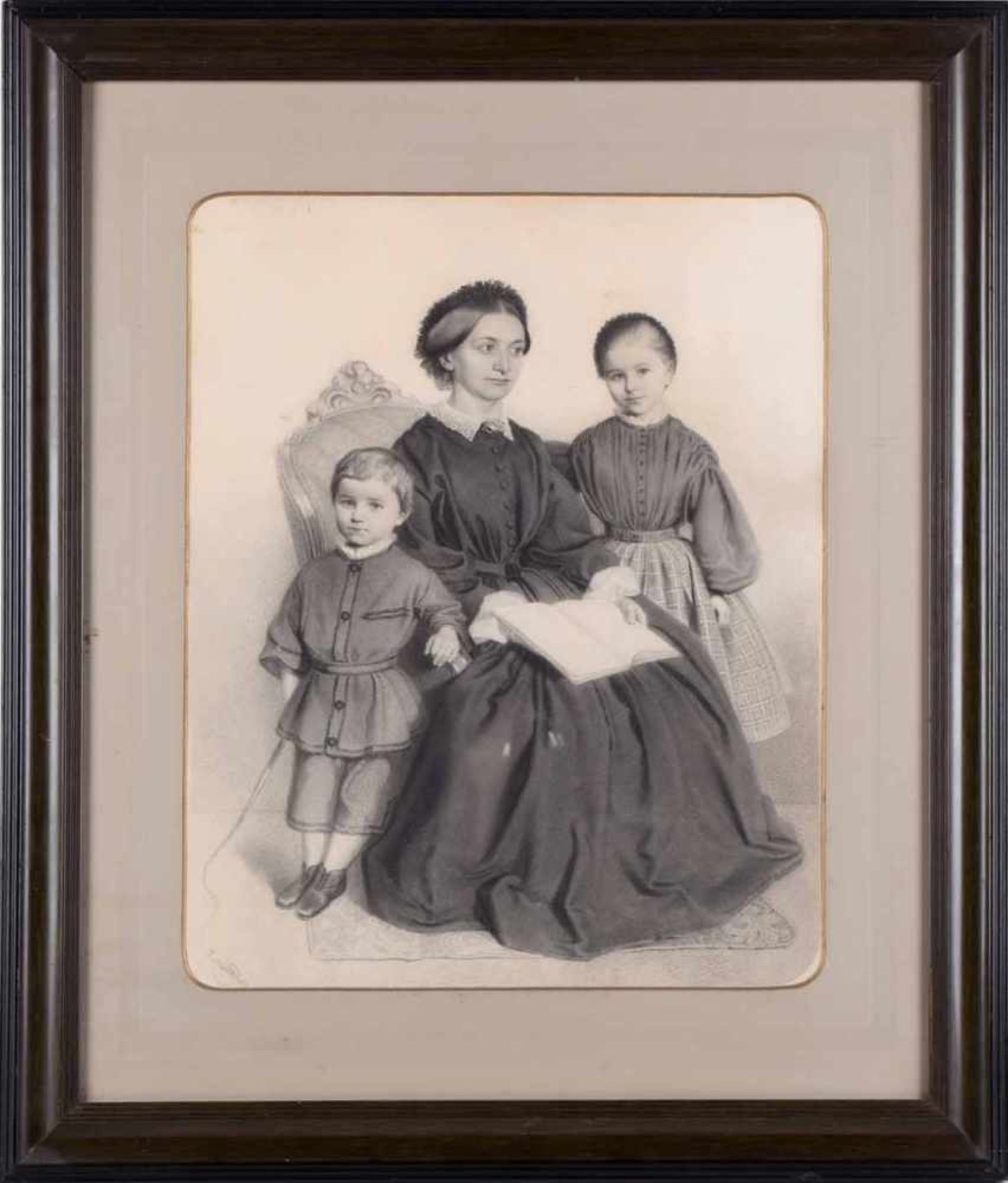 Seydlitz, F. v. Bleistiftzeichnung, Familiendarstellung mit Mutter, Tochter und Sohn, links unten - Bild 3 aus 4