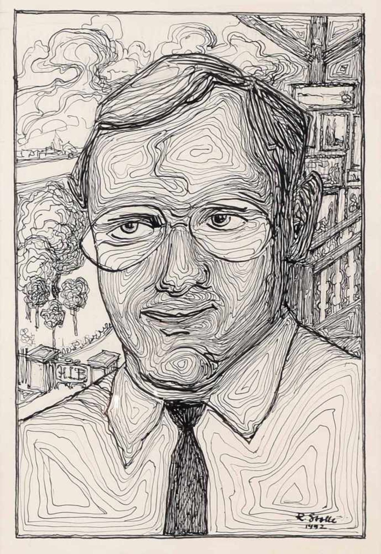 Stolle, Rudi (1919 Meißen - 1996 ebd.) Federzeichnung über Blei, Porträt eines Porzellansammlers, - Bild 2 aus 4