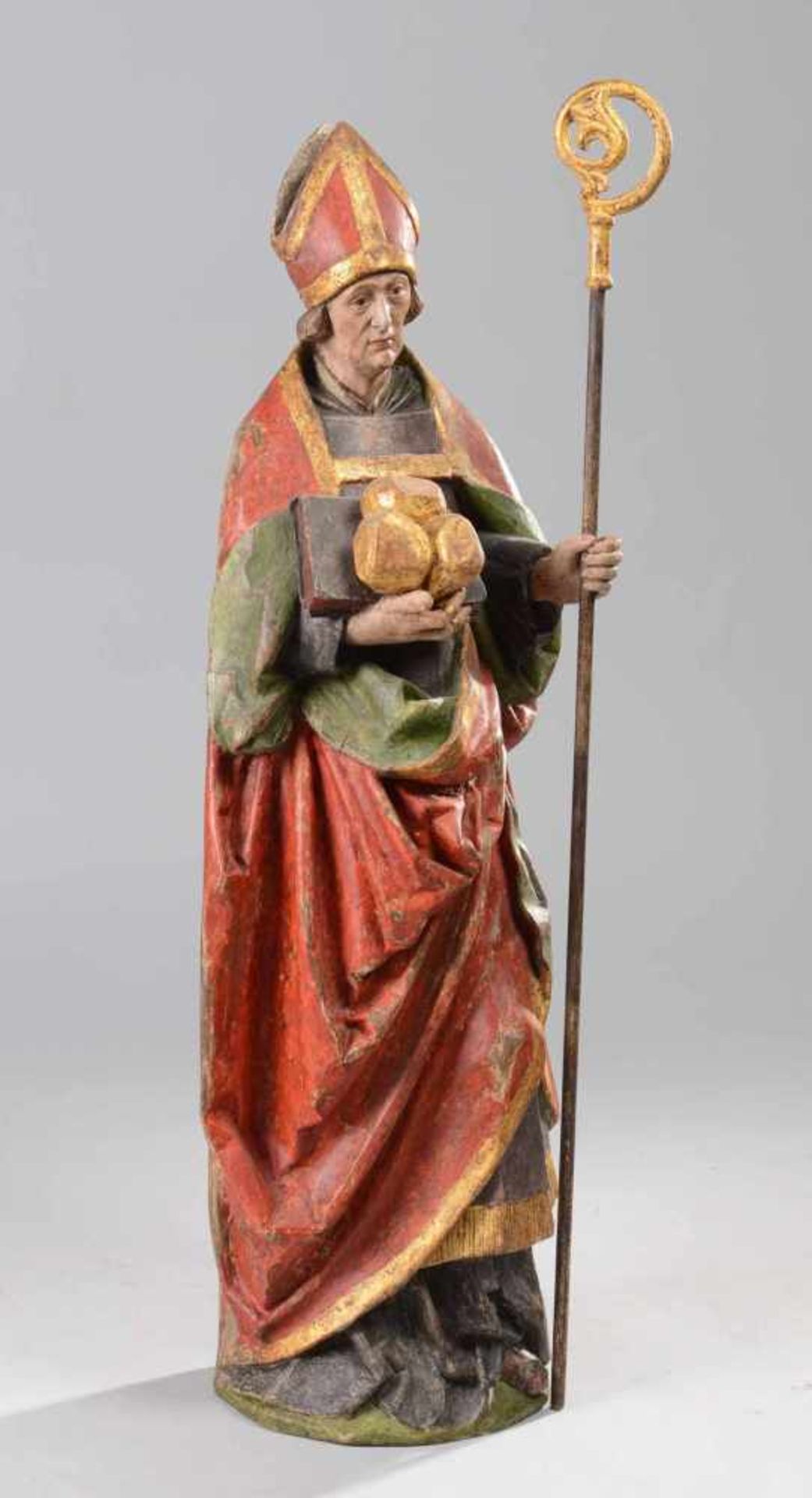 Heiliger Nikolaus Holz dreiviertelrund geschnitzt, rückseitig abgeflacht und gehöhlt, mehrfarbig - Bild 2 aus 4