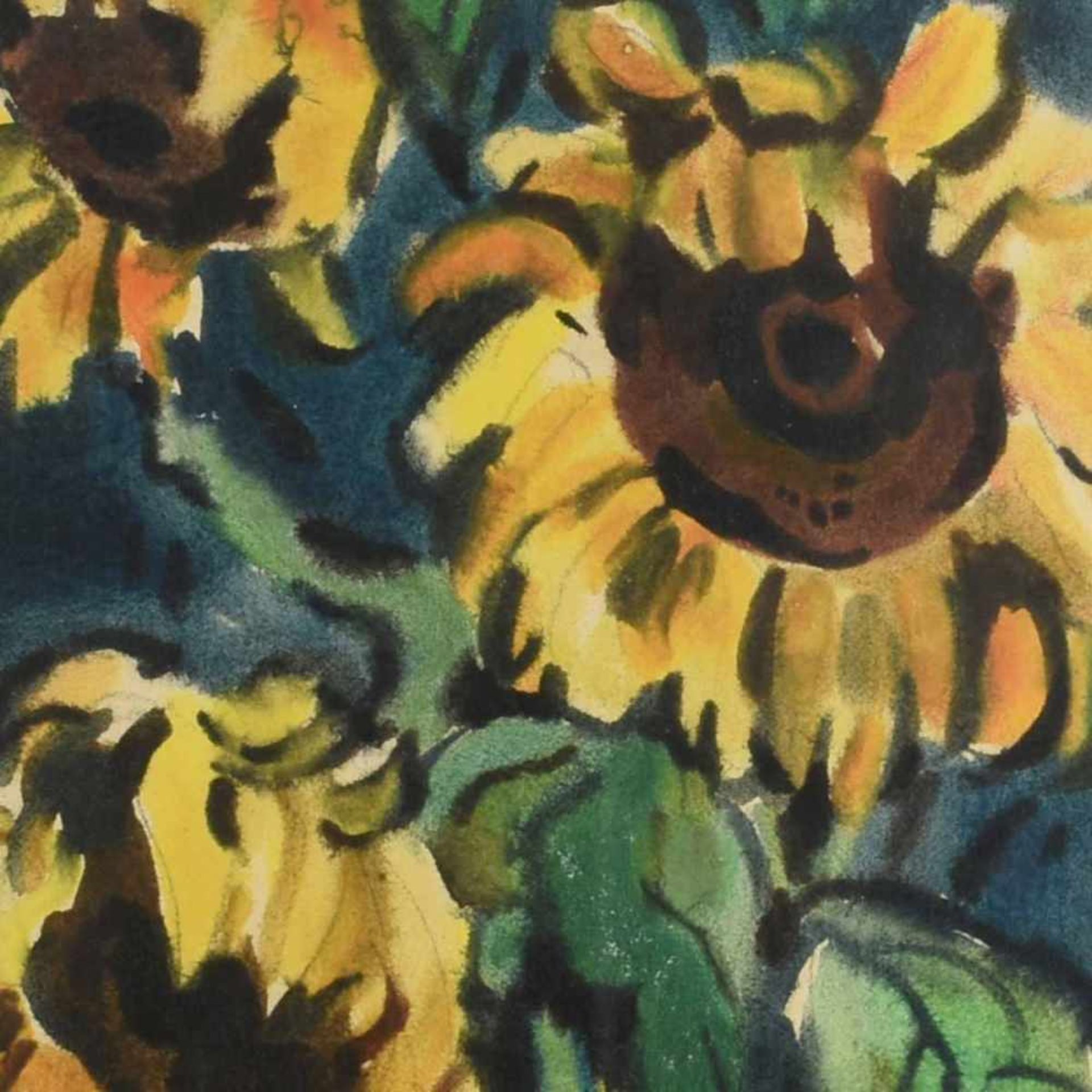 Unsigniert Aquarell, Sonnenblumen vor Blumen, im Passepartout hinter Glas in originaler Rahmung (