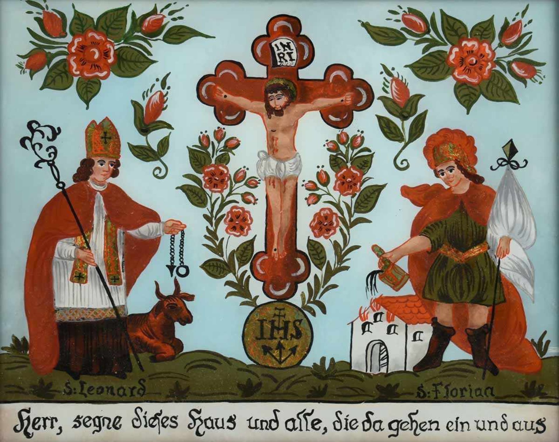 Hinterglasmalerei farbige Darstellung des gekreuzigten Jesus, seitlich St. Florian und St. - Bild 2 aus 3