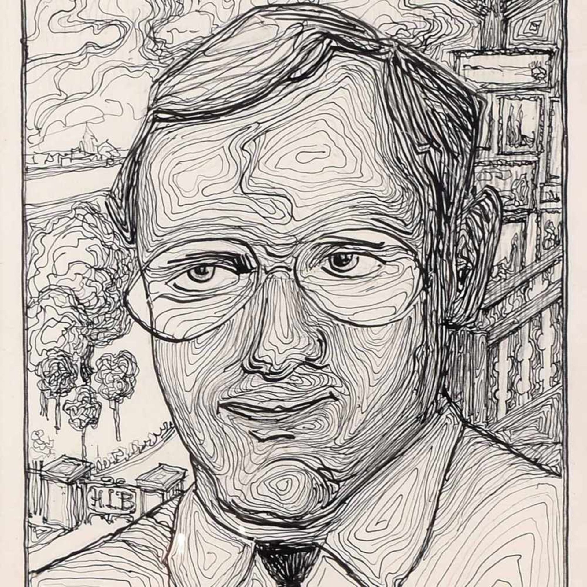 Stolle, Rudi (1919 Meißen - 1996 ebd.) Federzeichnung über Blei, Porträt eines Porzellansammlers,