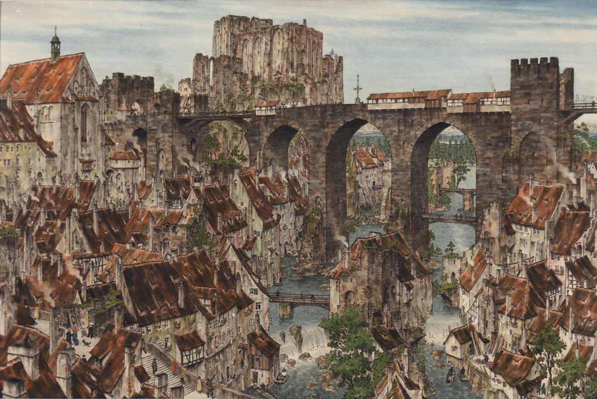 Wolf, Bernhard Mischtechnik, imaginäre Landschaft mit Brückenkreuz, in raffinierter Perspektive - Bild 2 aus 4