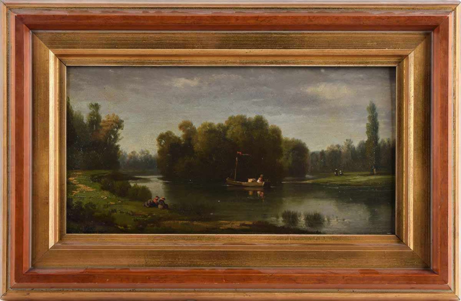 Maous, M. Öl/Holz, Flusslandschaft mit Personenstaffage, sommerliches Landschaftsbild mit Boot und - Bild 3 aus 4