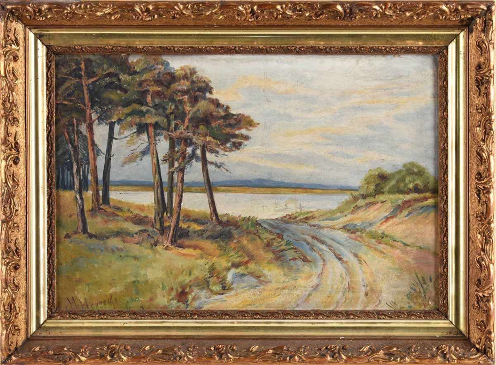 Hennecke, H. Öl/Karton, Seelandschaft mit Bäumen, links unten signiert, gerahmt, ca. 27 x 40 cm, mit - Bild 3 aus 4