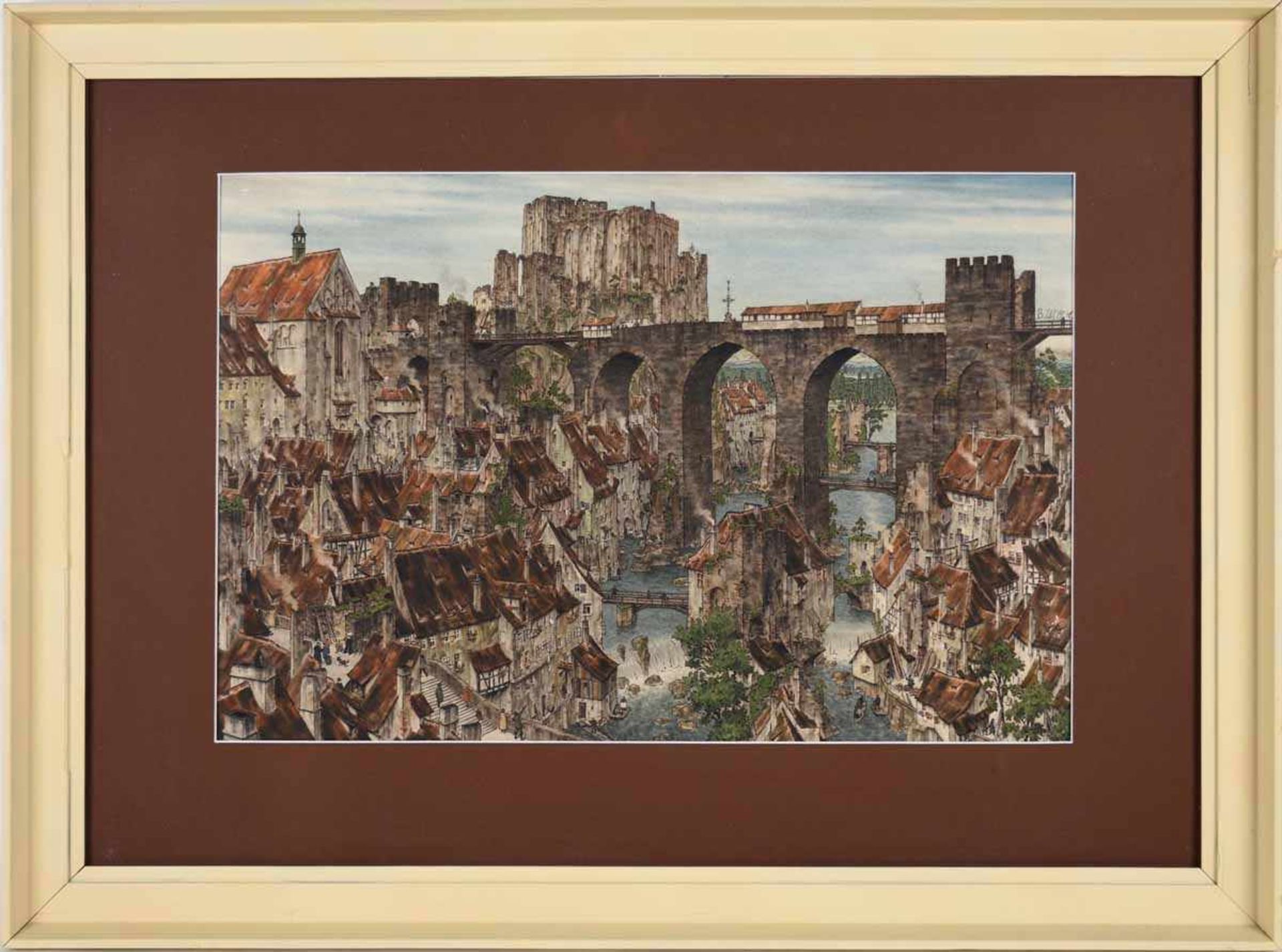 Wolf, Bernhard Mischtechnik, imaginäre Landschaft mit Brückenkreuz, in raffinierter Perspektive - Bild 3 aus 4