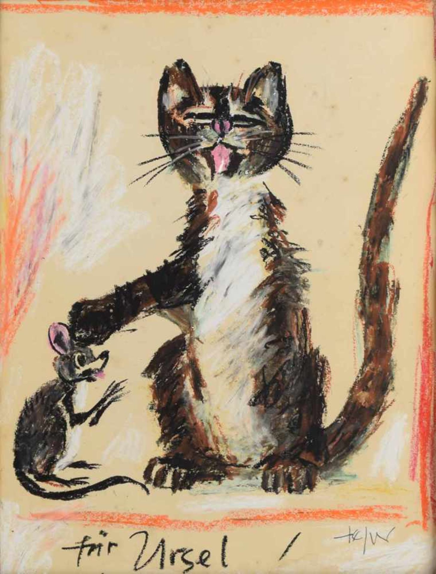 Tetzner, Heinz (1920 Gersdorf - 2007 ebd.) Pastell/Papier, "Katze und Maus", unten rechts signiert - Bild 2 aus 4