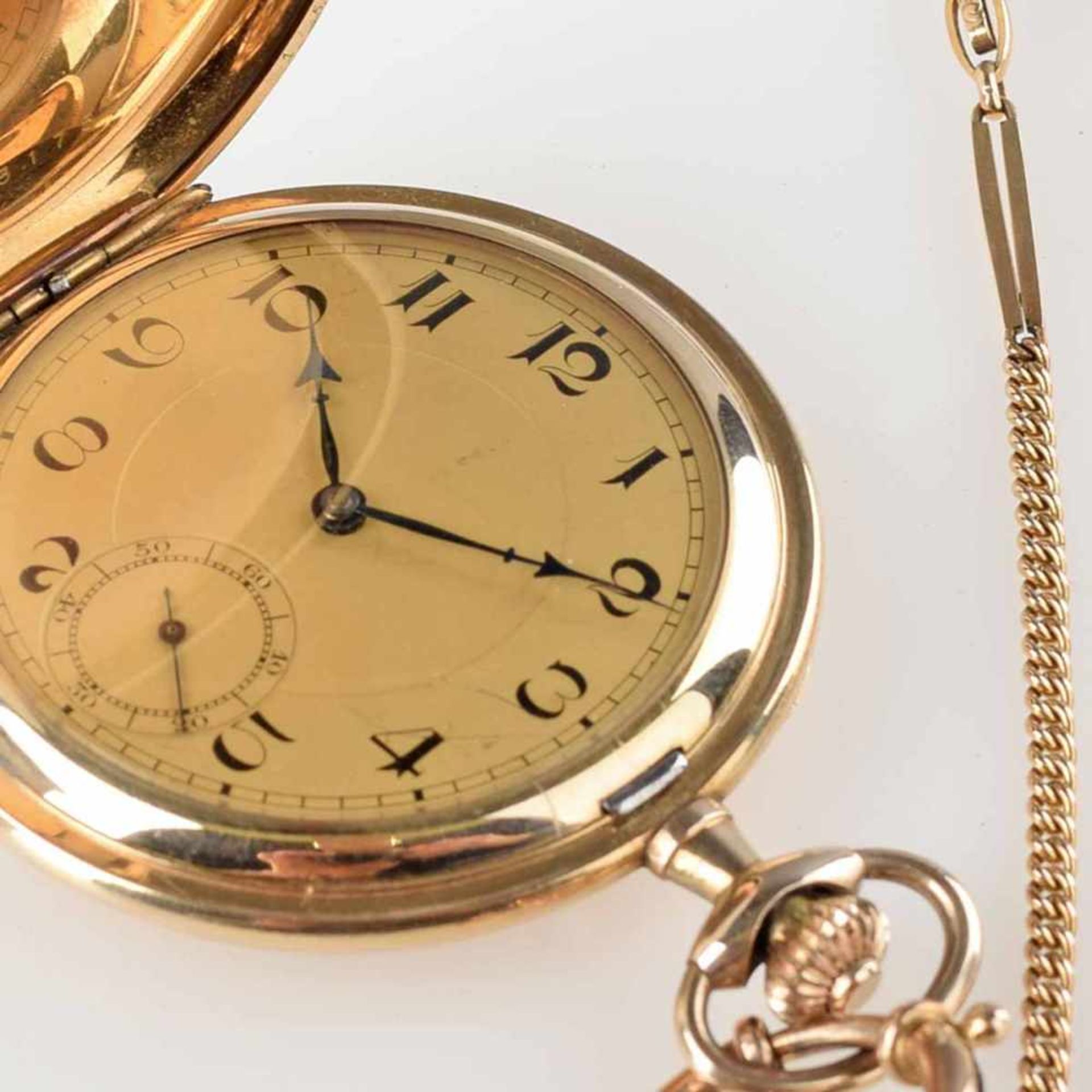 Sprungdeckeltaschenuhr vergoldet, mit goldfarbenem Zifferblatt, gebläute Stahlzeiger, Stunde, Minute