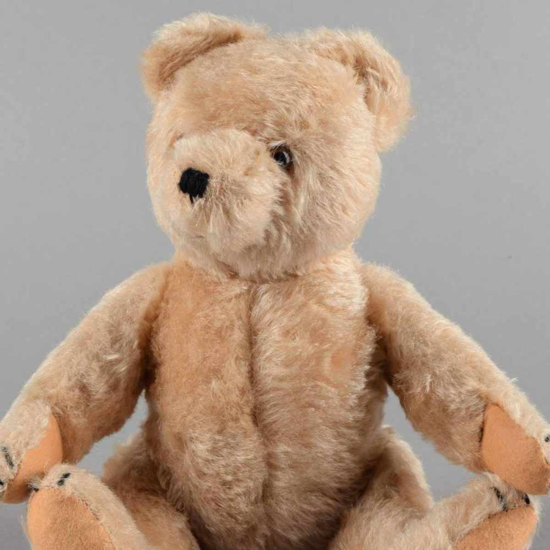 Teddybär helles Mohairfell, Körper strohgefüllt, bewegliche Glieder, Glasaugen, Schnauze und Krallen