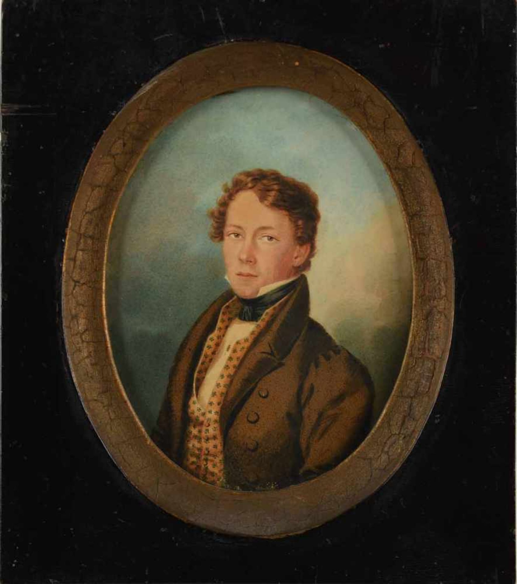 Unbekannter Biedermeierporträtist Aquarell auf Karton, Halbstück eines jungen Herrn, im - Bild 3 aus 4